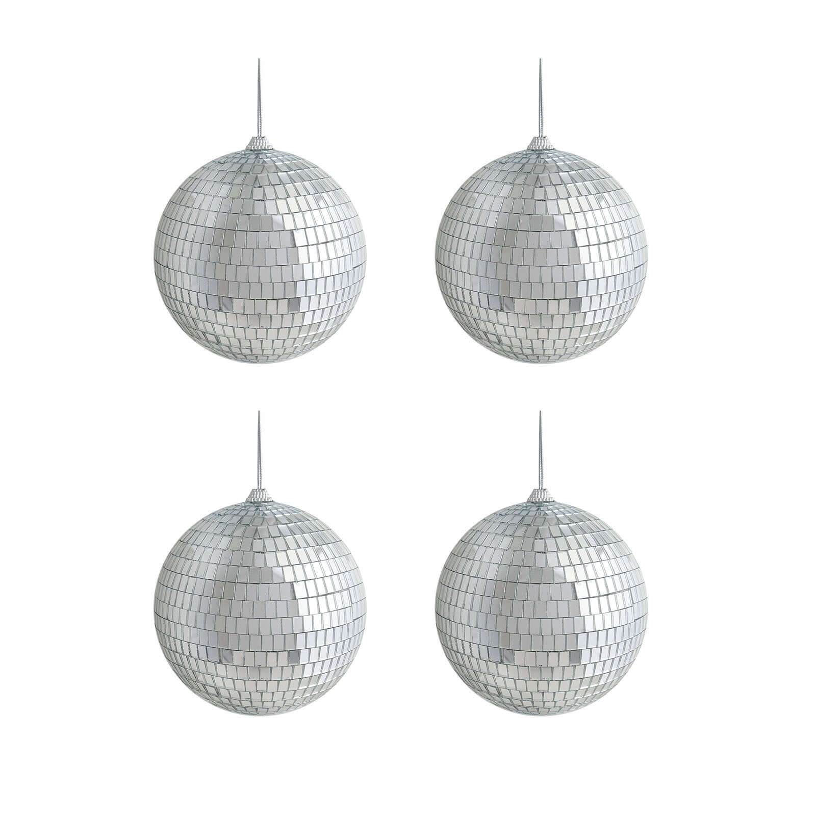 4 Pack 4 Silver Foam Disco Mirror Ball With Hanging Strings, Holiday Christmas Ornaments