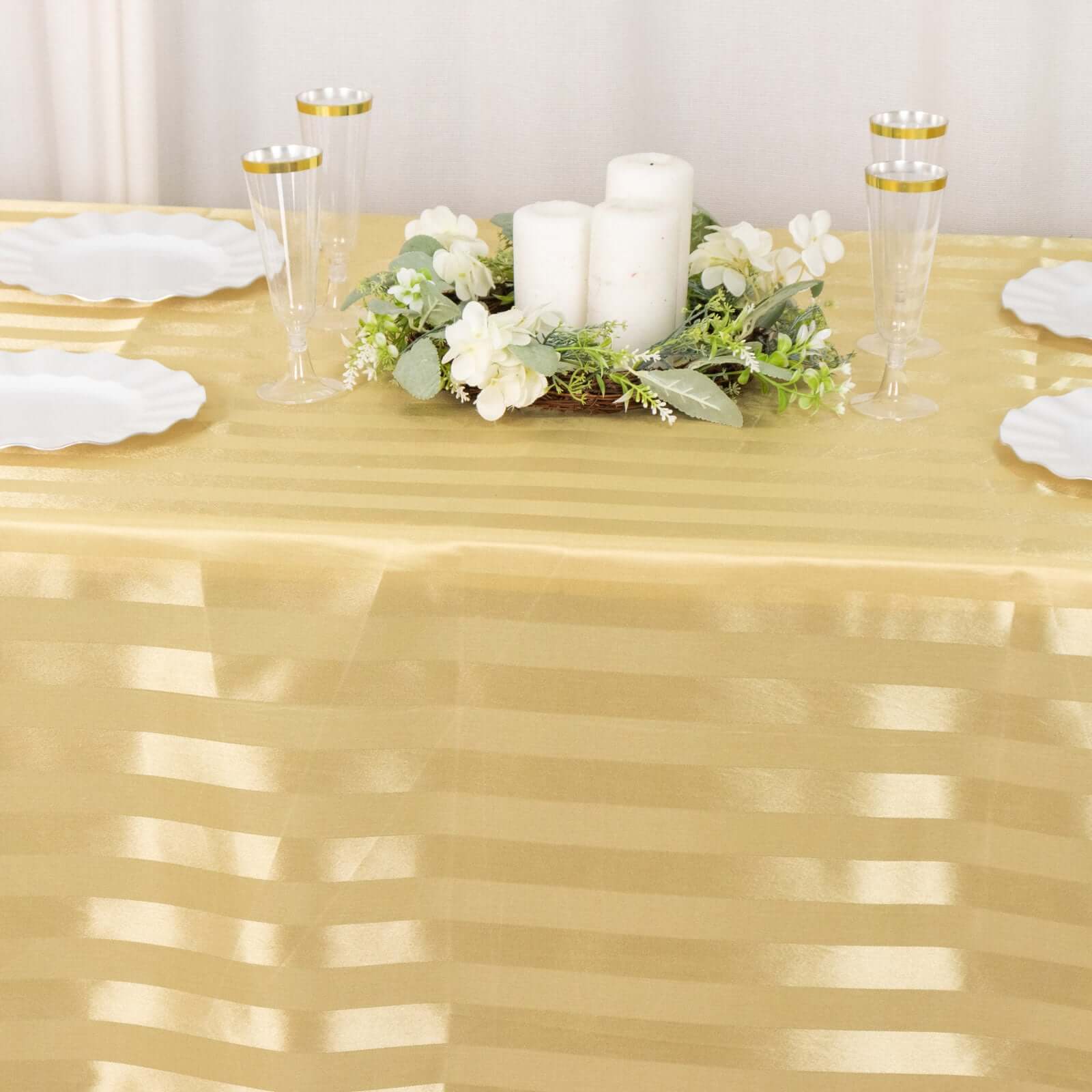 Satin Striped 90x132 Rectangular Tablecloth Champagne Satin Stripe - Seamless Silky Smooth Table Cover