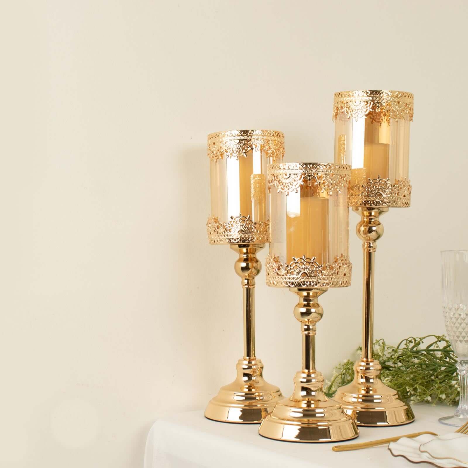 Set of 3 Lace Votive Candle Stands Antique Gold with Hurricane Glass Shades - Refined Pillar Candle Holders 13, 15, 17