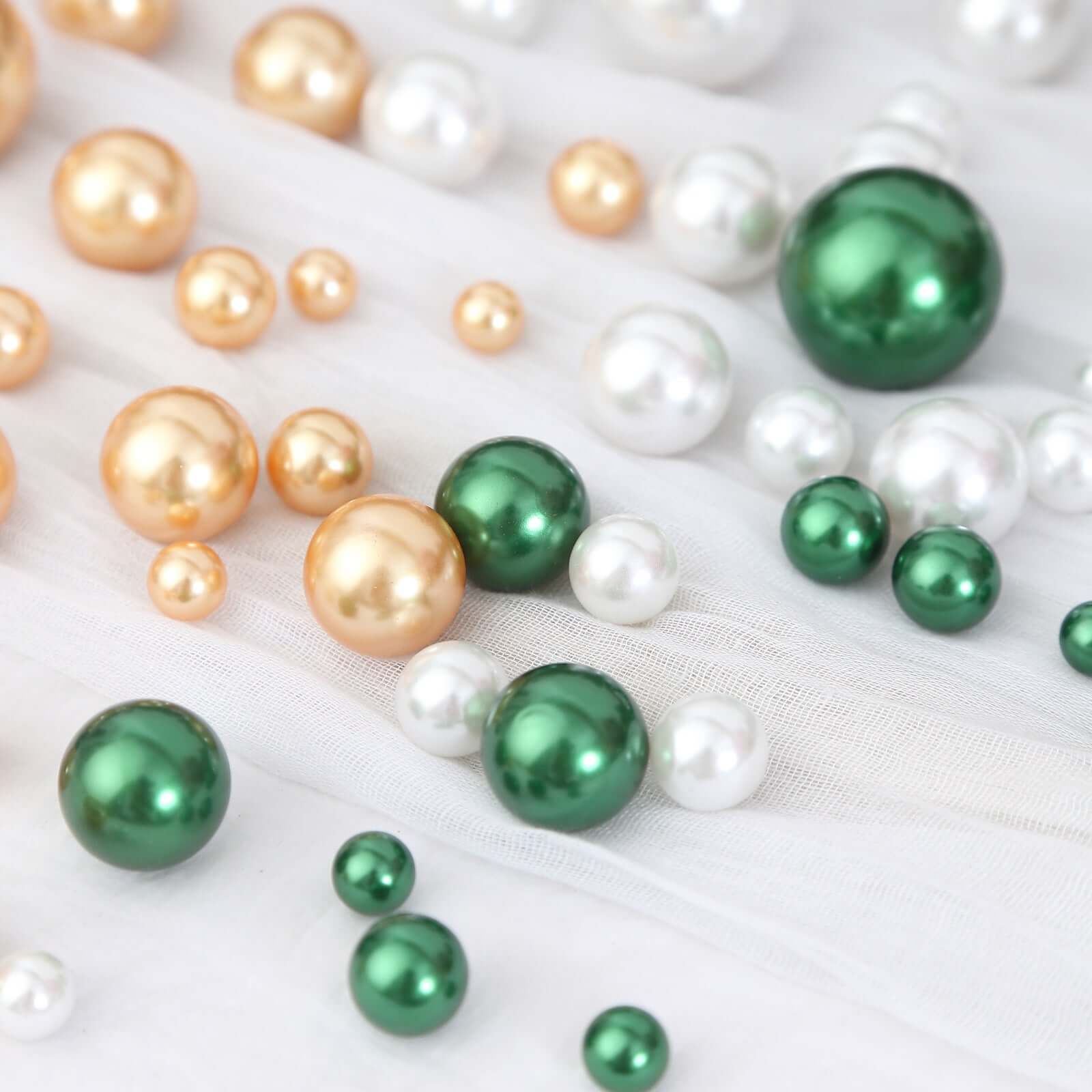 200Pcs Assorted Pearl Beads Vase Fillers in Green, Gold and White - Lustrous DIY Craft Bead Set