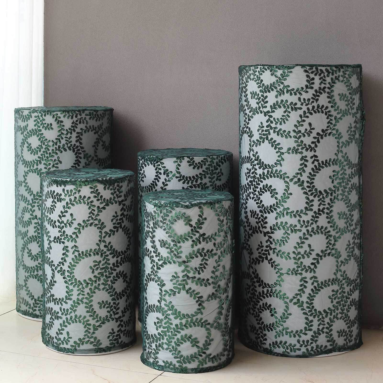 Set of 5 Hunter Emerald Green Sequin Mesh Cylinder Pedestal Stand Covers with Leaf Vine Embroidery, Sparkly Sheer Tulle Pillar Prop Covers