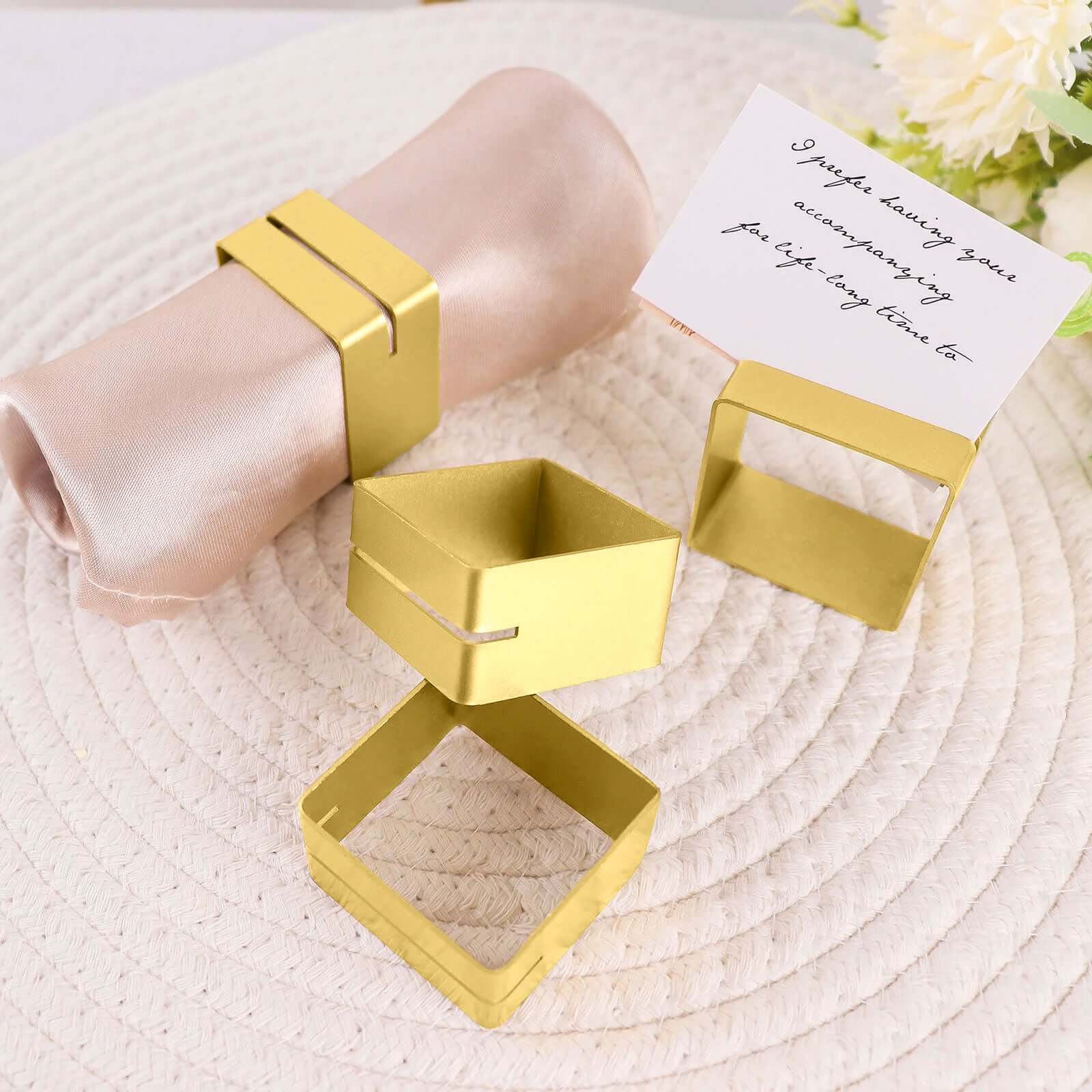 4 Pack Matte Gold Metal Square Napkin Rings with Place Card Holder, Modern Design Multipurpose Napkins Rings