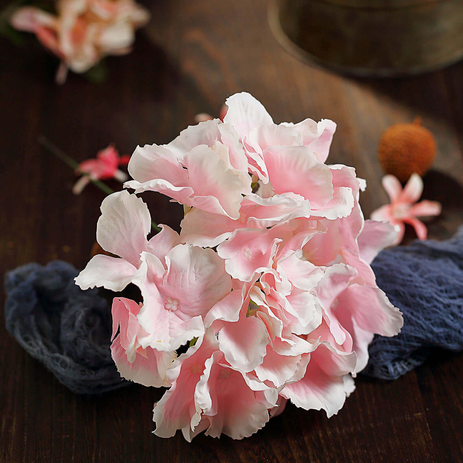 10 Flower Head and Stems Pink Artificial Satin Hydrangeas, DIY Arrangement