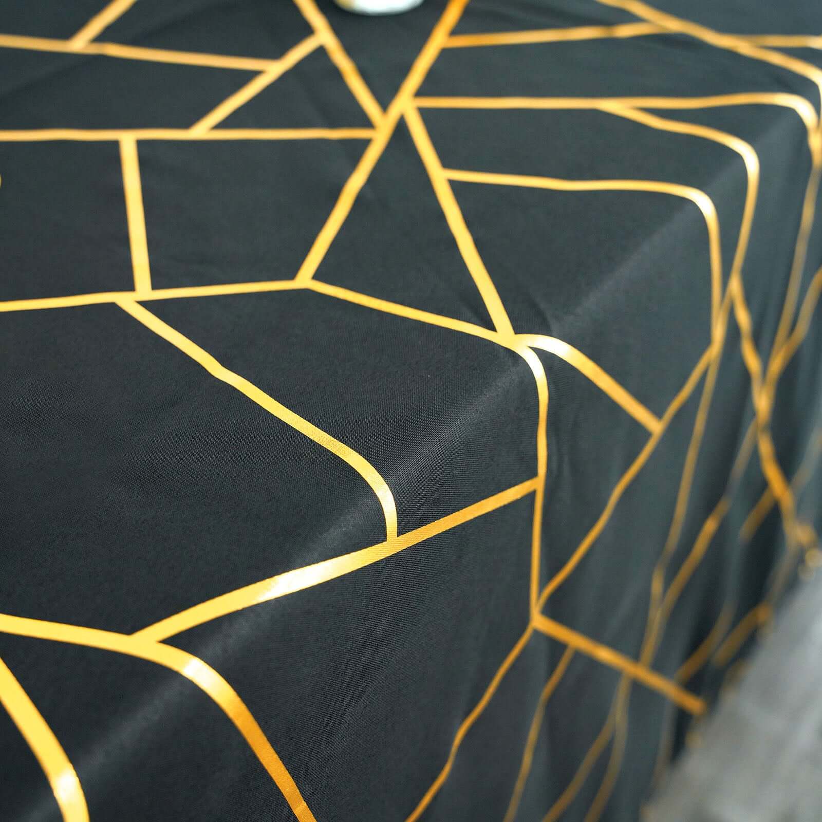 Polyester 60x102 Rectangle Tablecloth Black with Gold Foil Geometric Pattern - Wrinkle-Resistant & Durable Table Cover