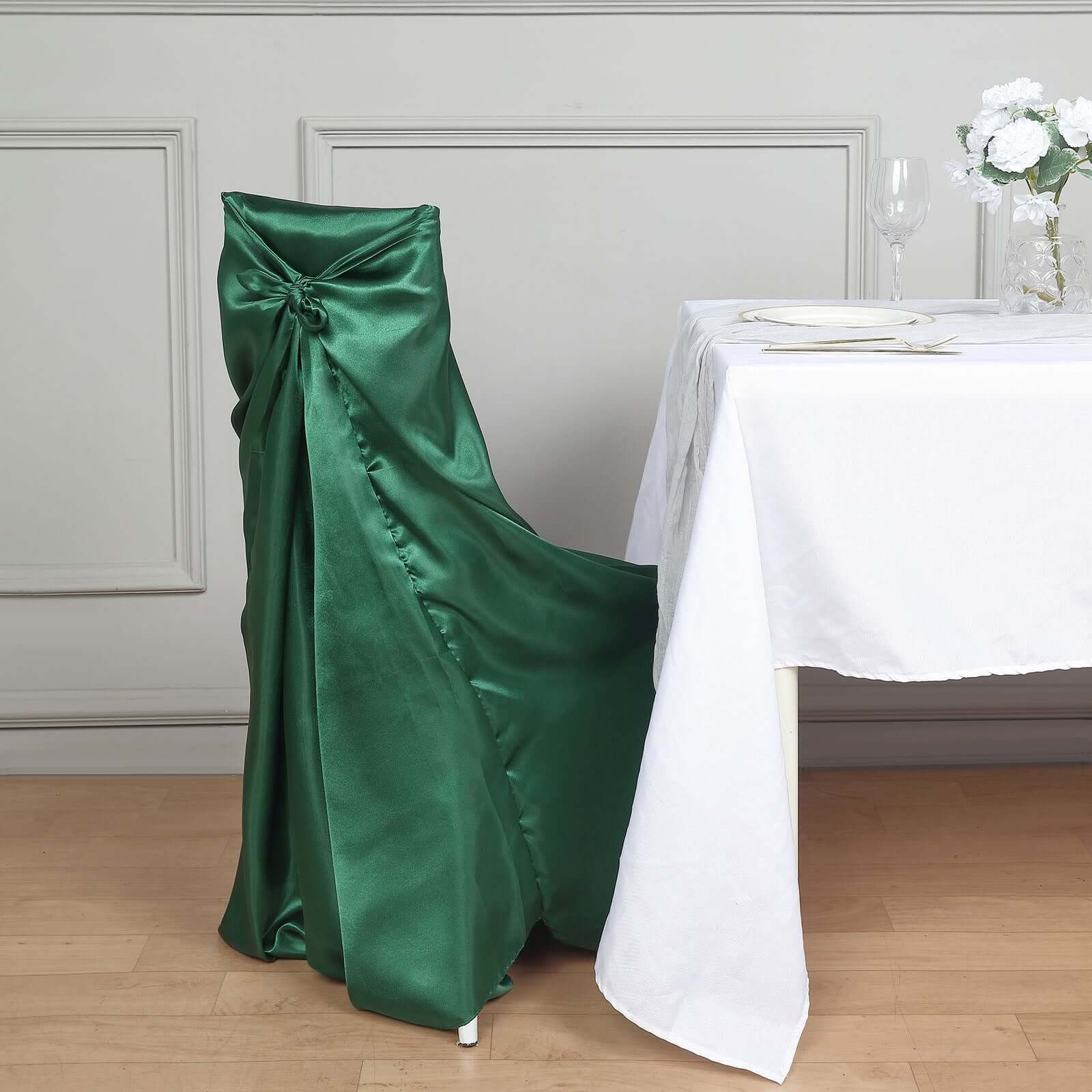 Satin Chair Cover Self-Tie Universal Design Hunter Emerald Green - Durable Slip-On Cover for Folding, Dining, Banquet & Standard Chairs