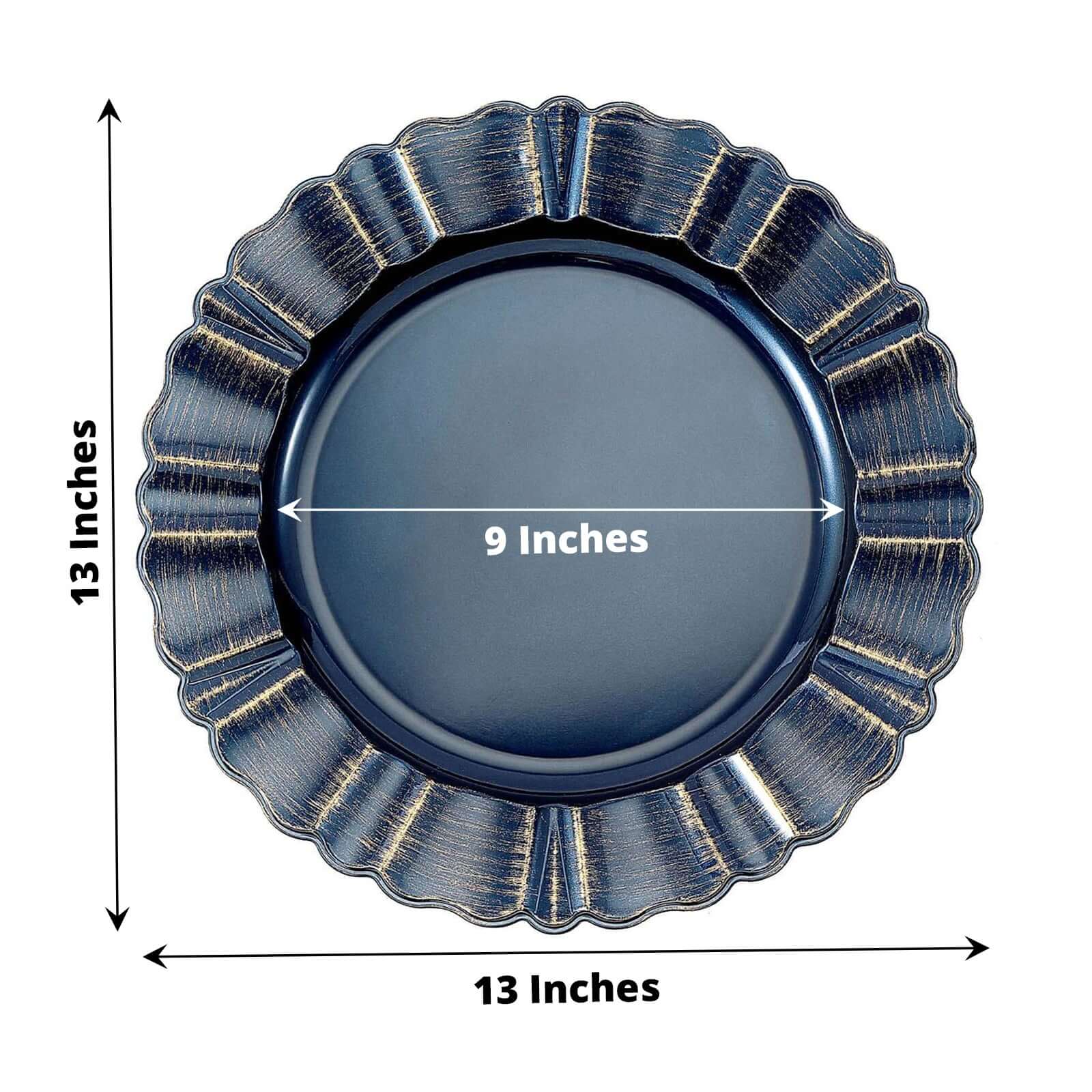 6-Pack Acrylic Plastic Round Charger Plates 13 in Navy Blue with Gold Brushed Wavy Scalloped Rim, Decorative Dinner Party Charger Tableware