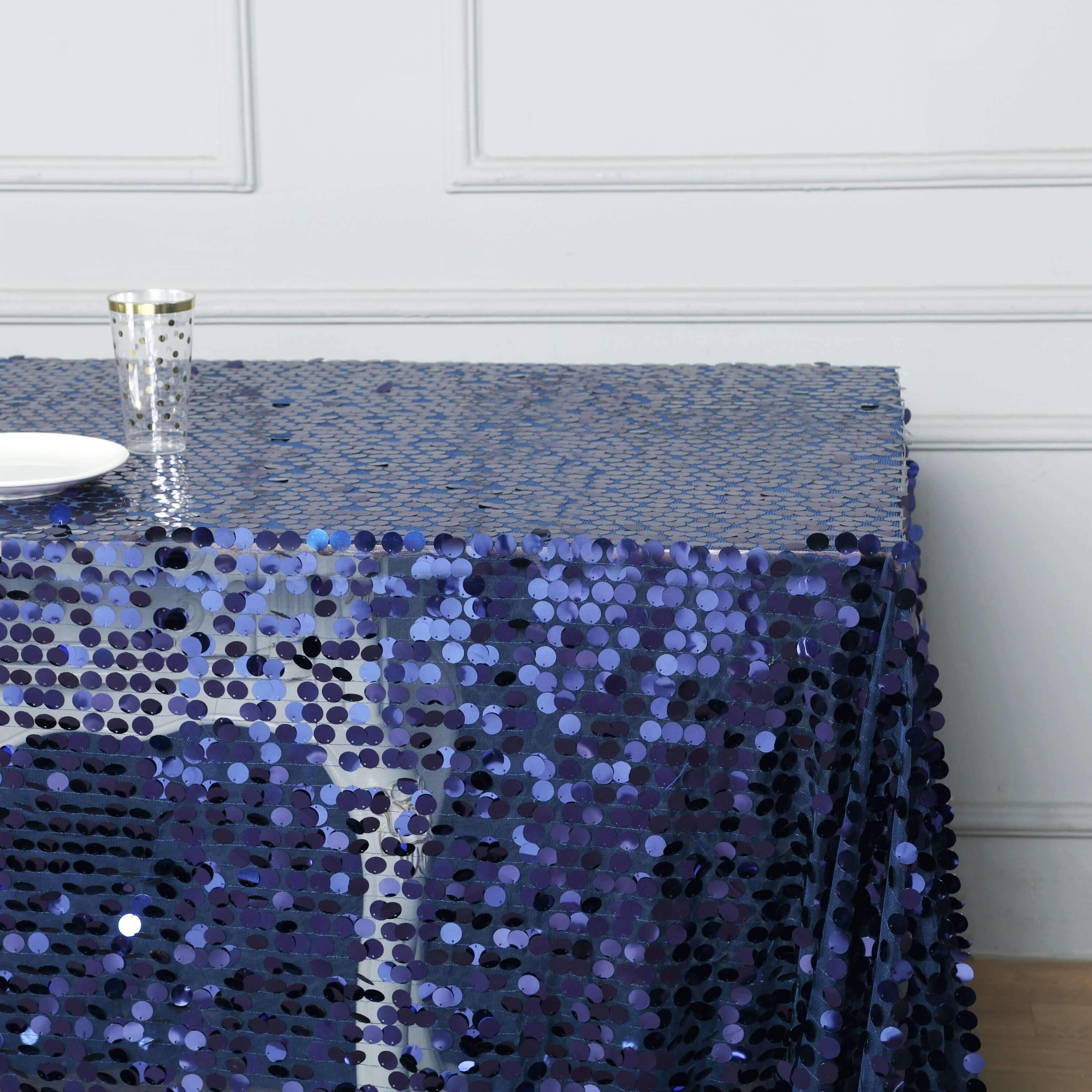 Sequin 90x132 Rectangle Tablecloth Navy Blue - Seamless Big Payette Table Cover