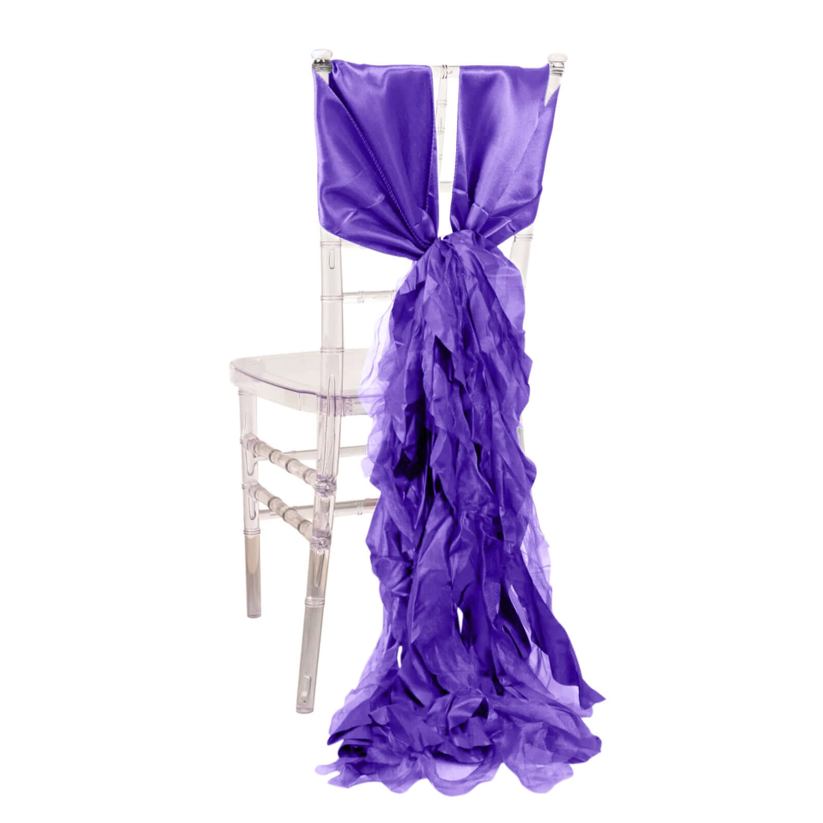 5 Pack Chiffon Satin Chair Sashes Purple - Easy to Install Ruffled Curly Willow