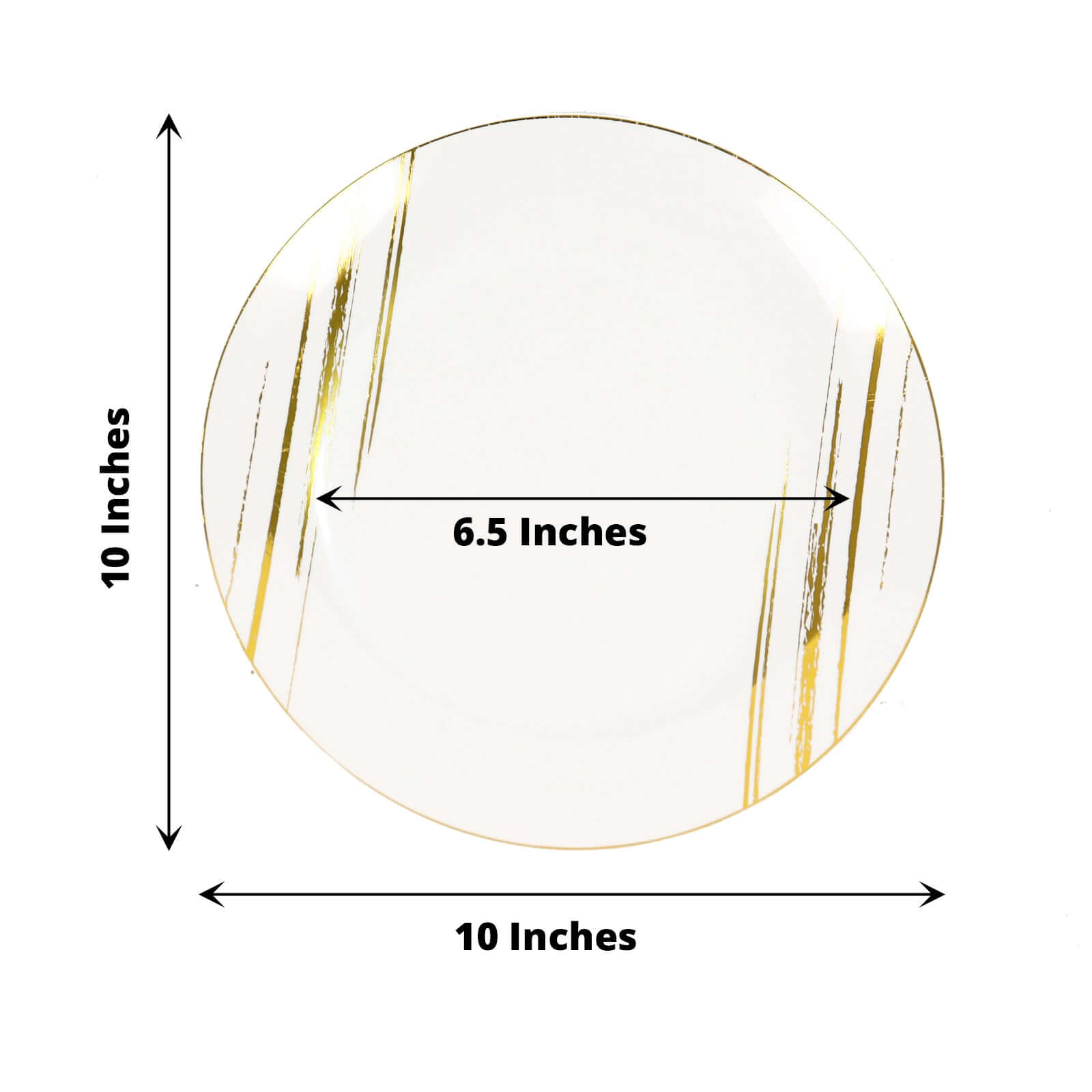 10-Pack Plastic 10 Round Dinner Plates in White with Gold Brush Stroked Print - Disposable Party Dinnerware for Modern Themed Events & Banquets