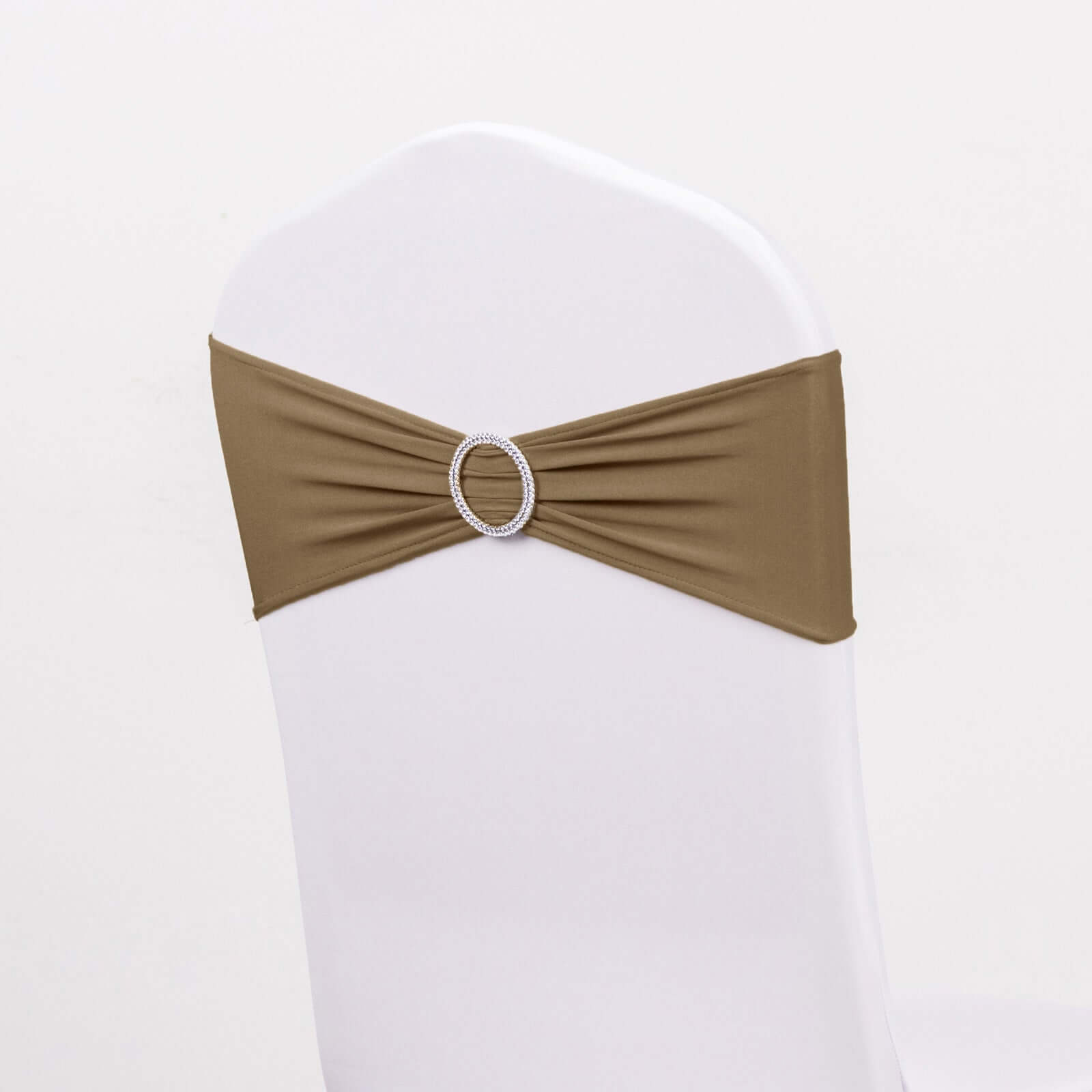 5 Pack Stretch Spandex Chair Sashes Taupe - Reusable Chair Bands with Silver Diamond Ring Slide Buckle 5x14