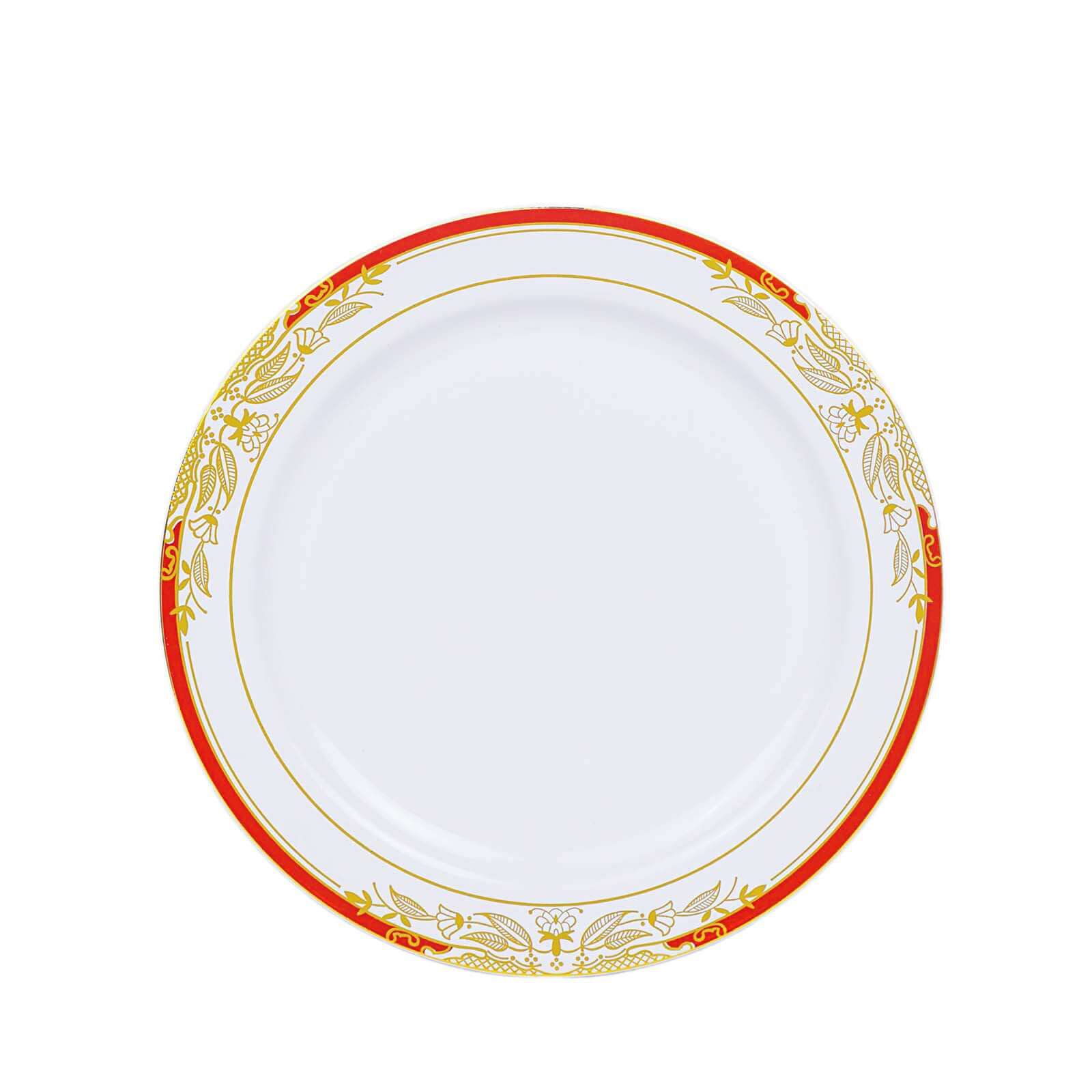 10-Pack Plastic 8 Round Dessert Plates in White with Red Rim - Stylish Gold Vine Design Disposable Salad/Appetizer Plates for Special Occasions & Celebrations