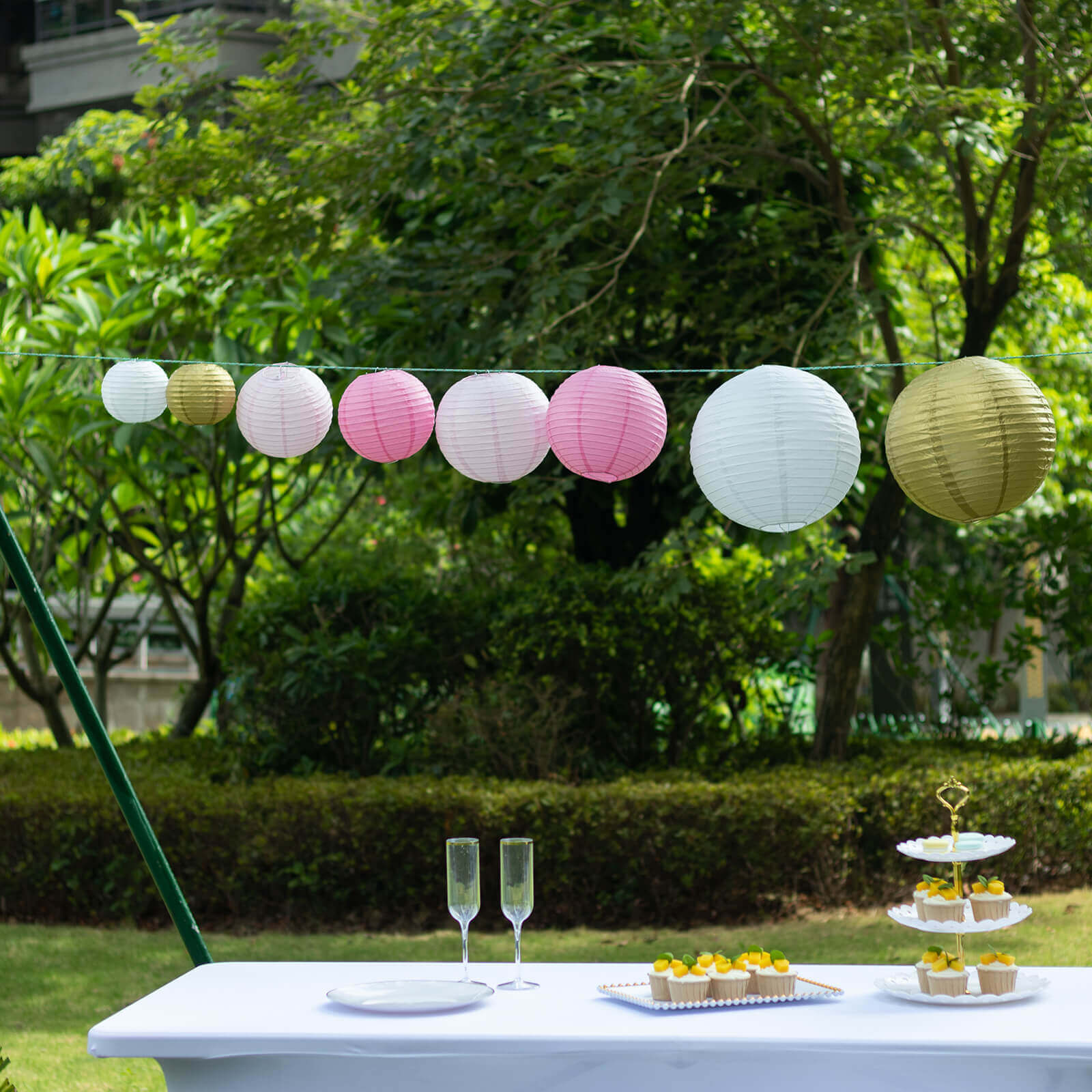 Set of 8 Mixed Blush Gold Hanging Paper Lanterns, Decorative Round Chinese Sky Lanterns, Assorted Sizes - 6,8,10,14