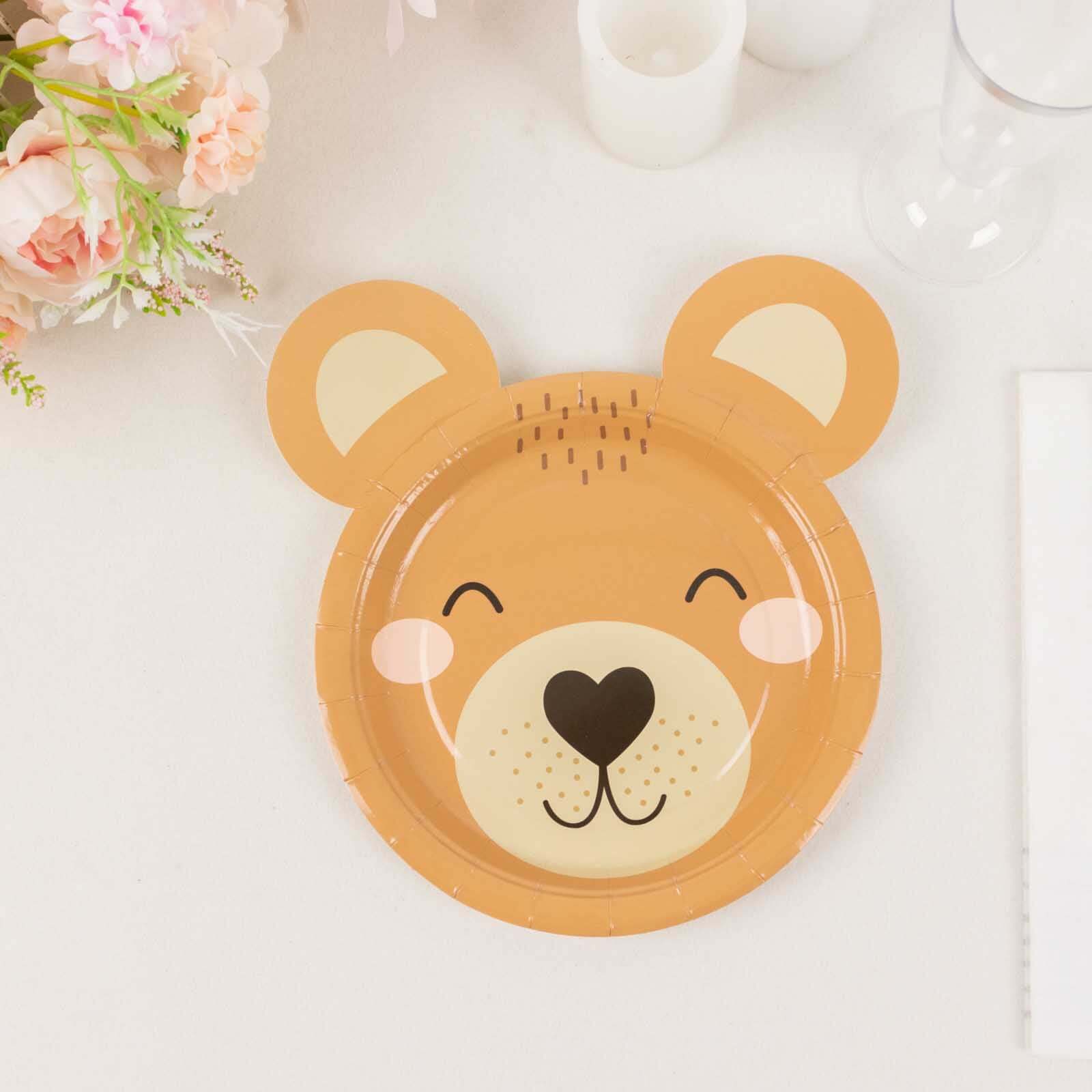 25-Pack Paper 7 Round Plates Brown Teddy Bear Print - Disposable 300GSM Cute Bear Themed Appetizer Dessert Party Plates for Baby Shower Birthday Event Decoration