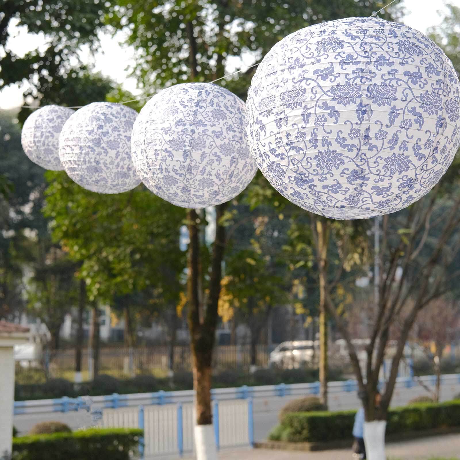 Set of 8 White Blue Hanging Chinese Lanterns in French Toile Floral Pattern, Festival Paper Lanterns - 6,8,10,14