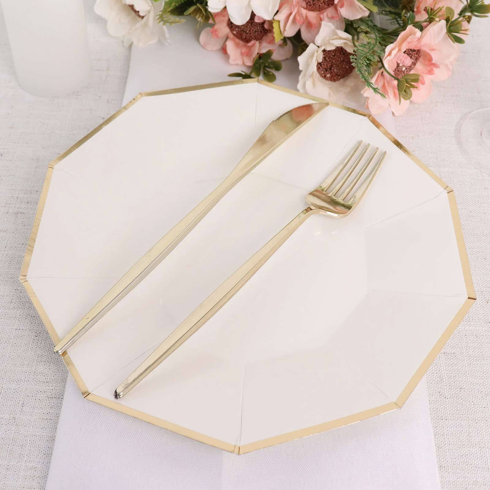 25-Pack Paper 9 Decagon Dinner Plates in White with Gold Foil Rim - Disposable Geometric Party Plates for Modern Weddings & Events