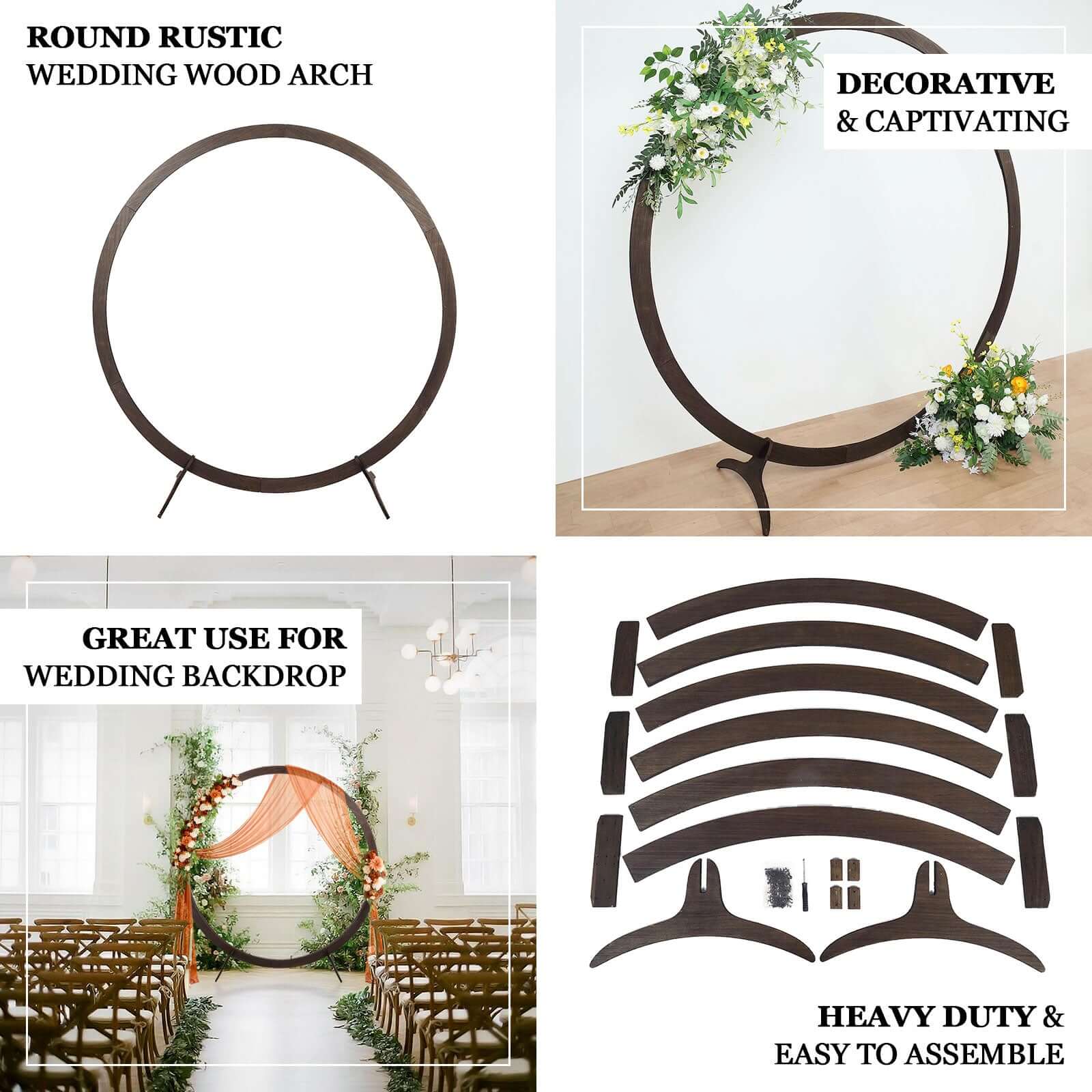 7.4ft Natural Brown Wood Round Event Party Arbor Backdrop Stand, Rustic DIY Wedding Arch