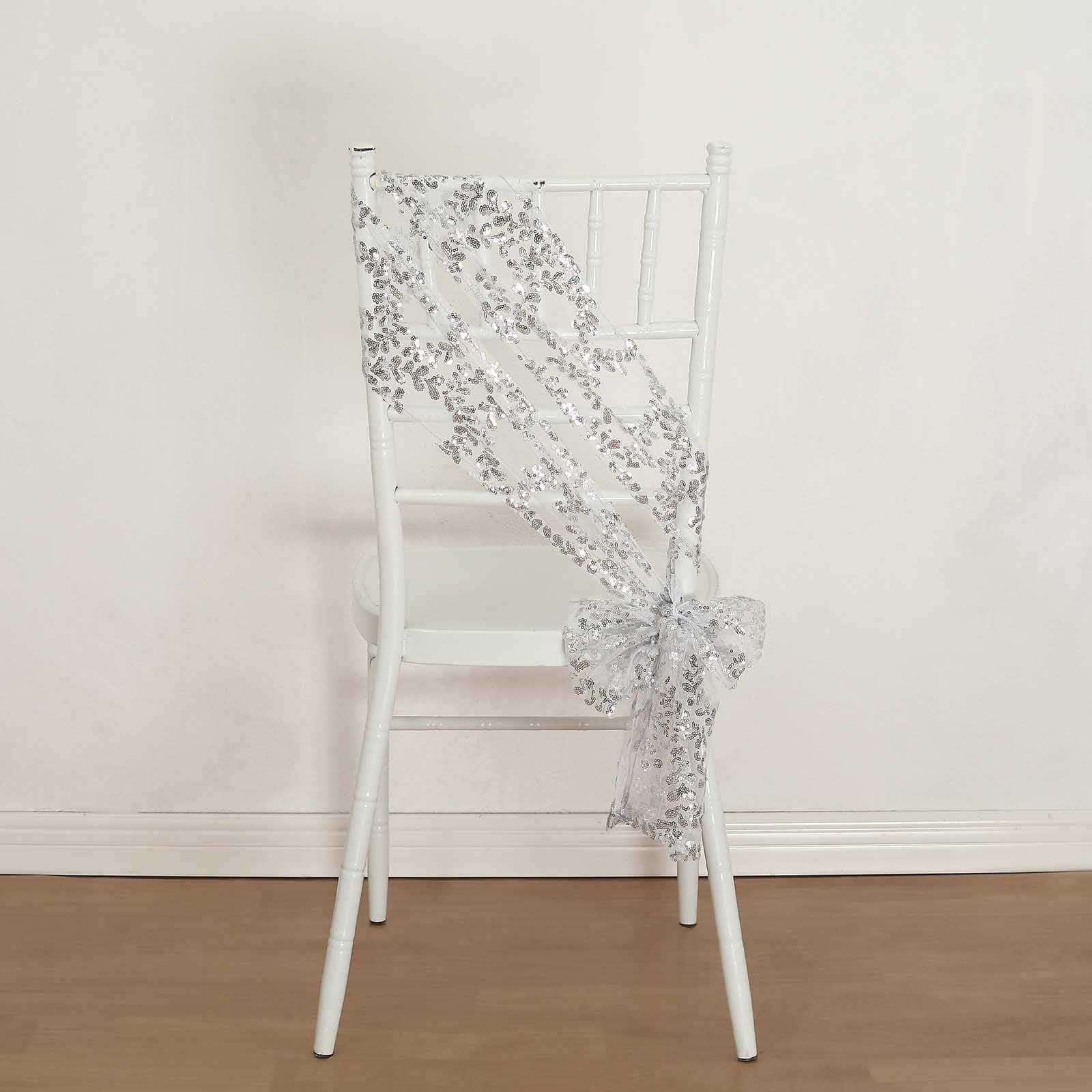 5 Pack Tulle Chair Sashes with Leaf Vine Embroidered Sequins Silver 6x88