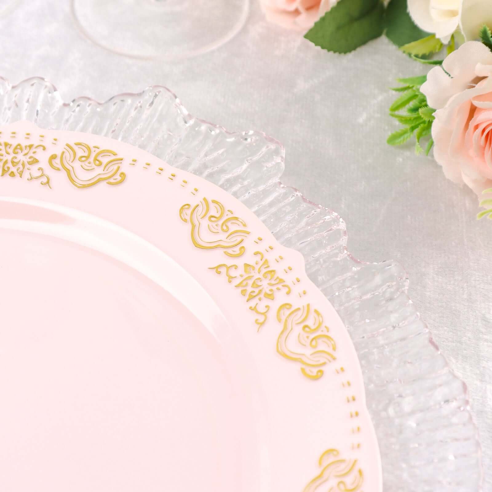 10-Pack Plastic 10 Round Dinner Plates in Blush with Gold Embossed Scalloped Edge - Chic Disposable Party Plates for Special Occasions & Banquets