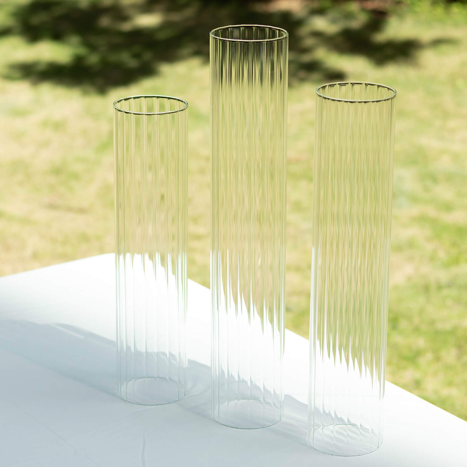 Set of 3 Clear Ribbed Glass Hurricane Shades Open End Design - Stylish Candelabra Pillar Candle Holder Table Centerpiece 15, 17, 19