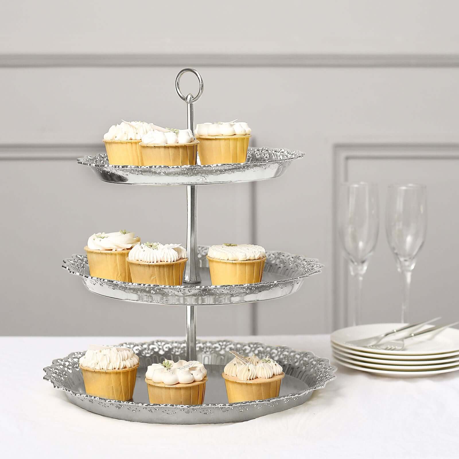 3-Tier Plastic Round Cupcake Stand 15 Metallic Silver with Lace Scalloped Edges - Multifunctional Space Saving Dessert Display Tower Pastry Serving Tray for Classy Events