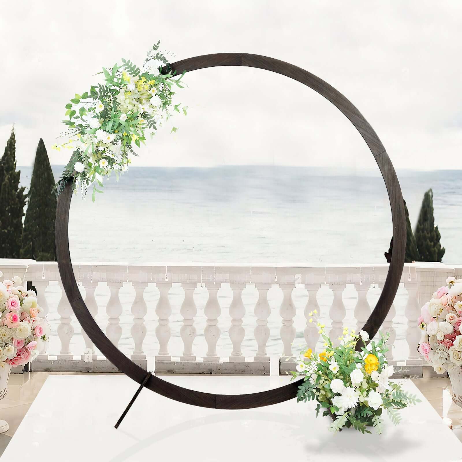 7.4ft Natural Brown Wood Round Event Party Arbor Backdrop Stand, Rustic DIY Wedding Arch