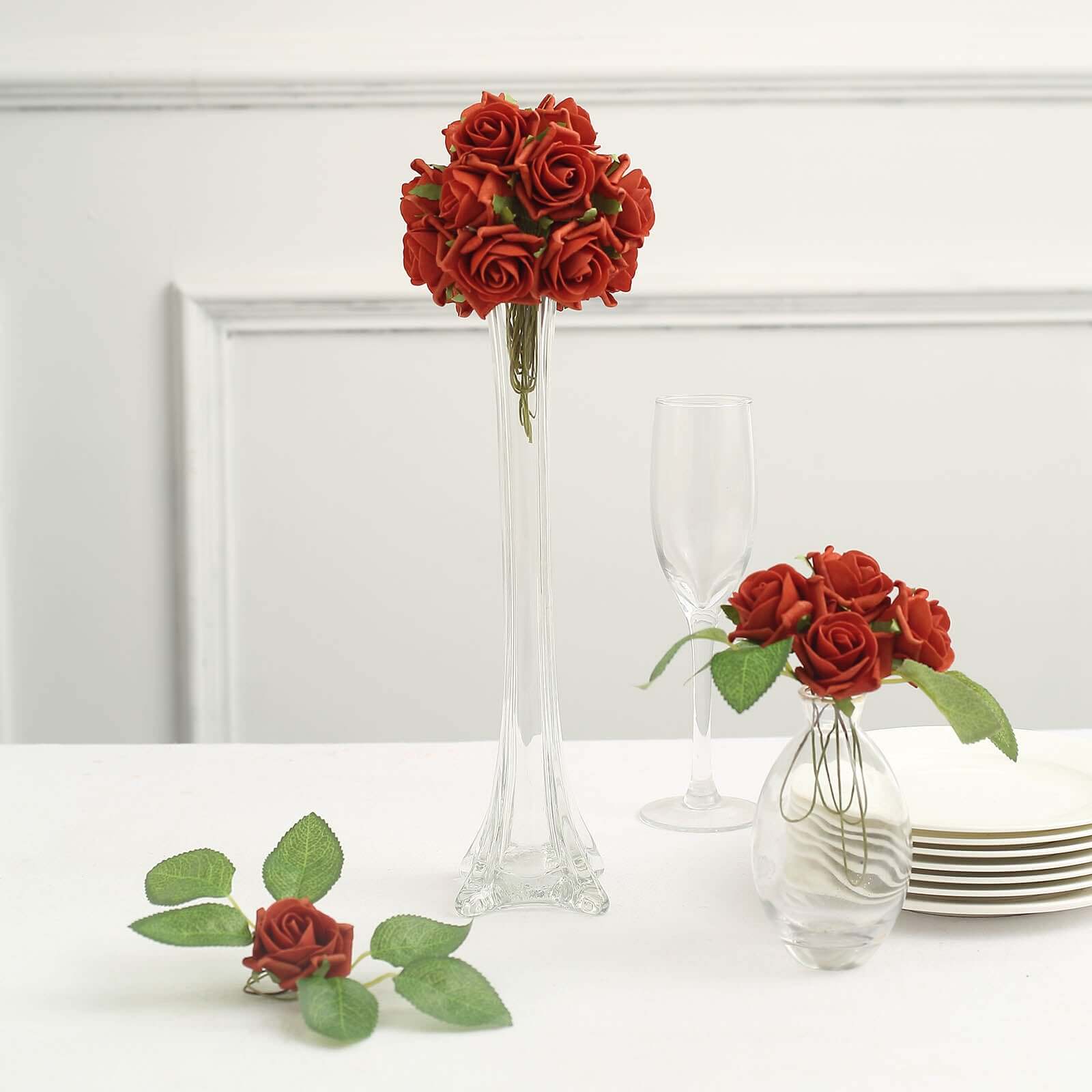 24 Roses 2 Terracotta (Rust) Artificial Foam Flowers With Stem Wire and Leaves