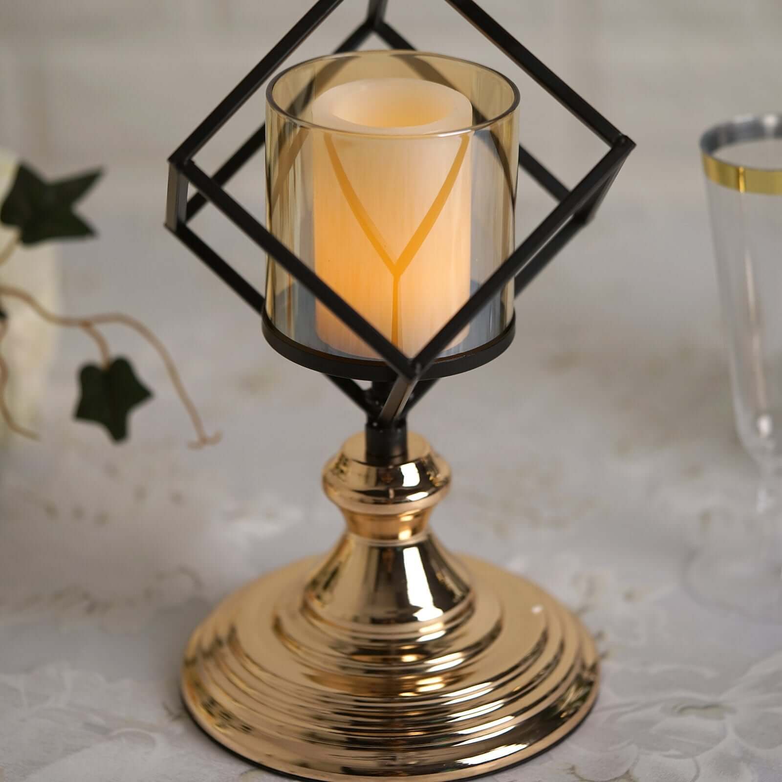 3-Tier Candle Holder Black Geometric Design with Amber Glass Votives & Gold Trim - Modern Decor for Weddings 28 Tall