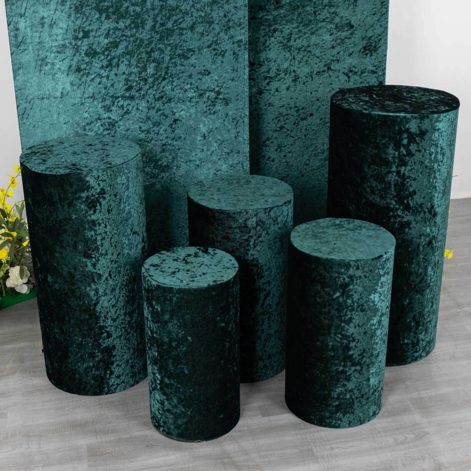 Set of 5 Hunter Emerald Green Crushed Velvet Cylinder Pedestal Stand Covers, Premium Pillar Prop Covers