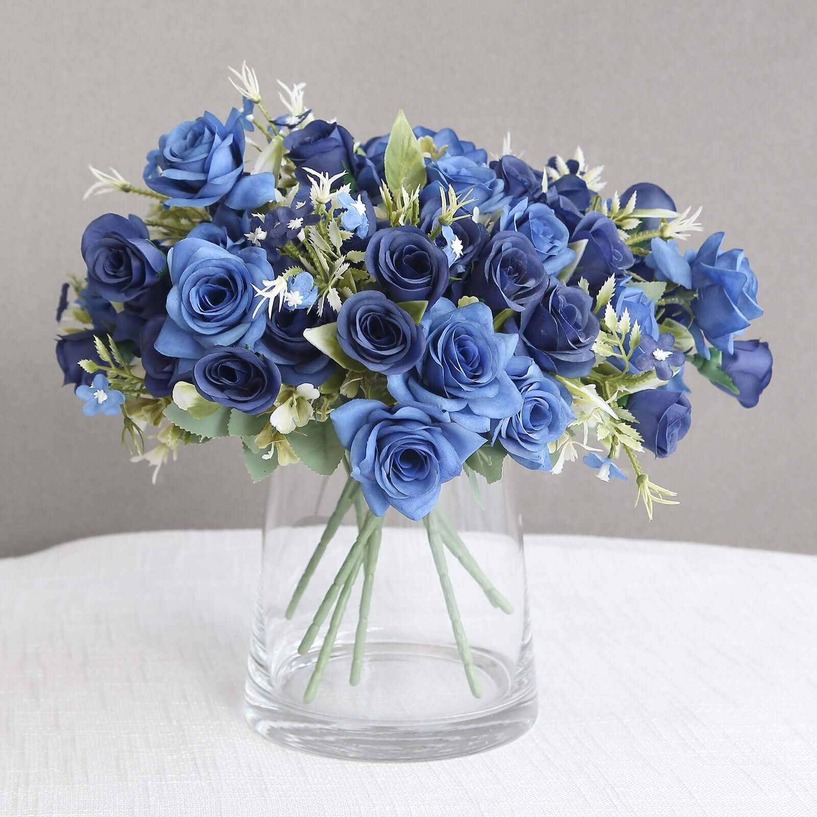 4 Bushes 12 Navy Blue Real Touch Artificial Silk Rose Flower Bouquet, Faux Bridal Flowers