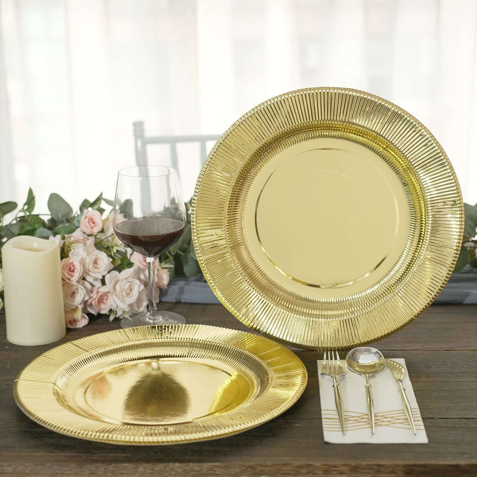 25-Pack Paper 10 Round Dinner Plates in Metallic Gold Sunray Design - Disposable Heavy Duty 350GSM Party Plates