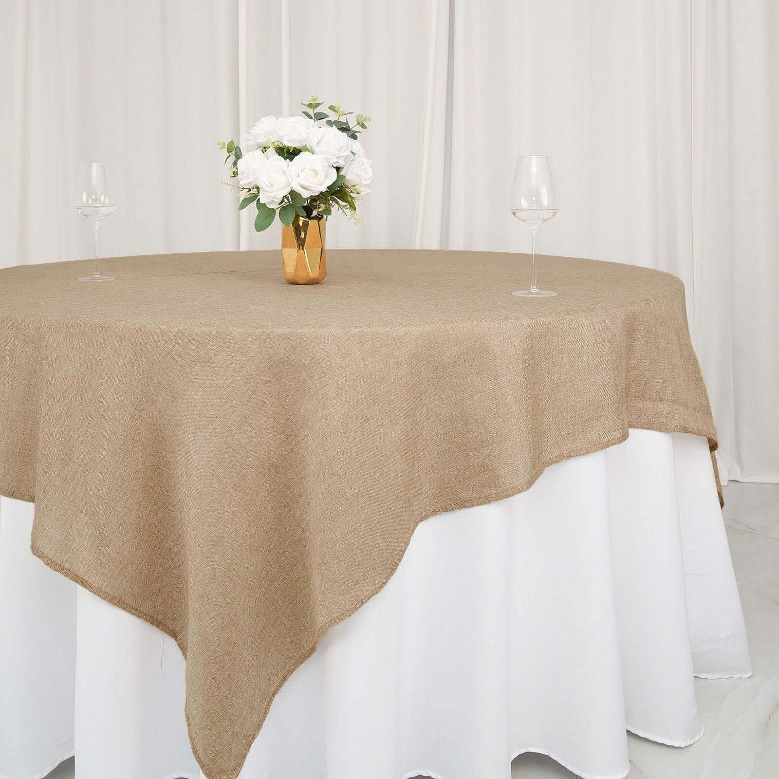 Faux Burlap 90x90 Table Overlay Square Tablecloth Natural - Boho Chic Design for Stylish Celebrations