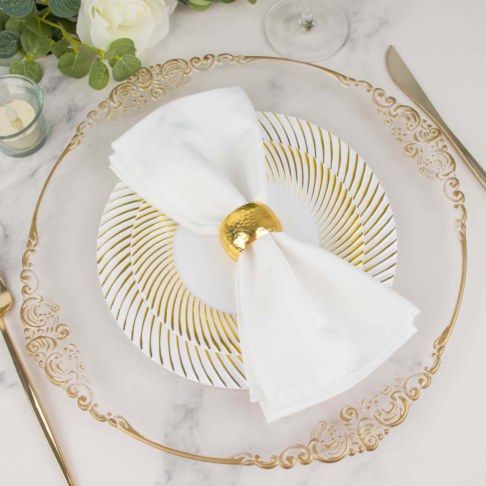 10-Pack Plastic 9 Round Dinner Plates White with Gold Swirl Rim - Disposable Party Plates