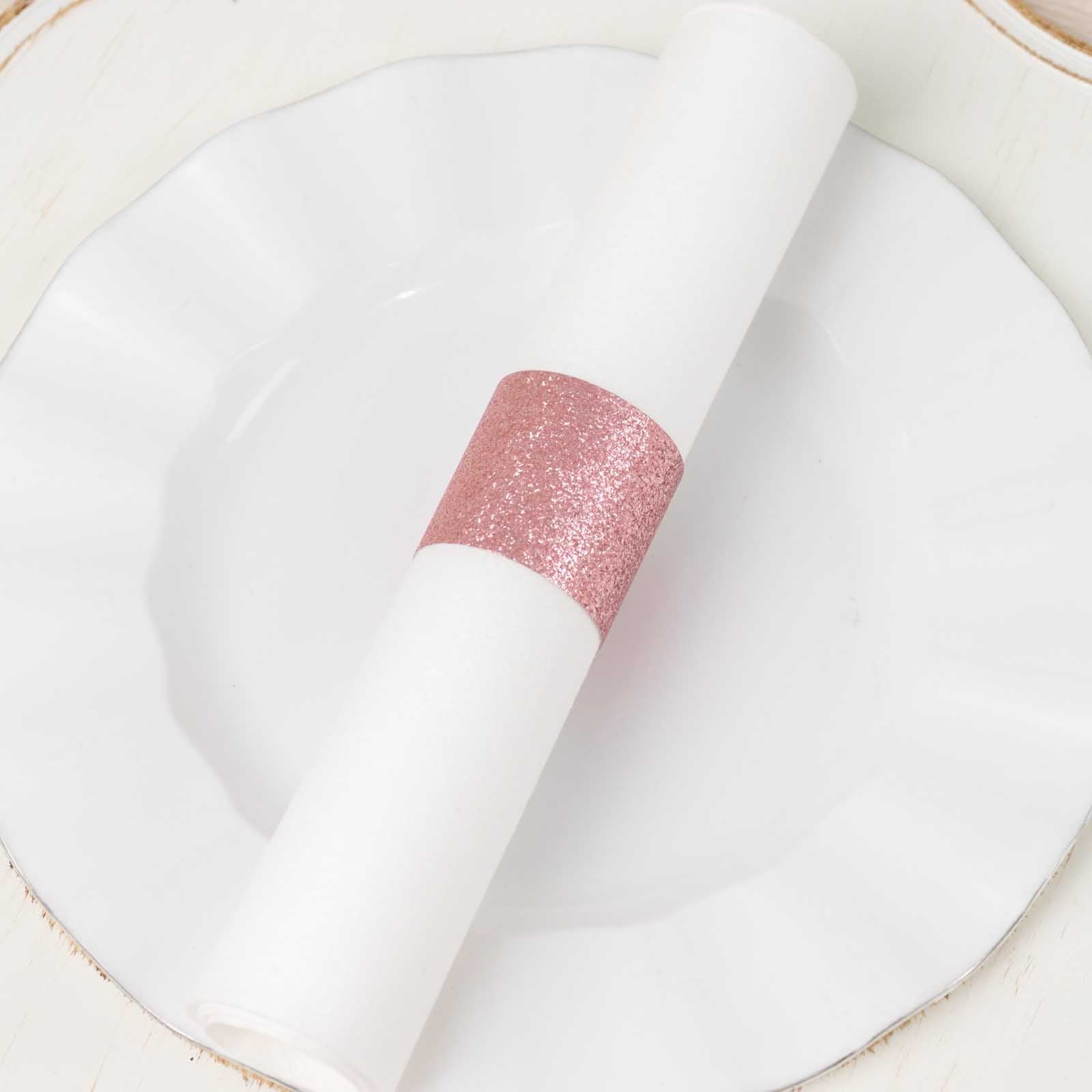50-Pack Paper Napkin Rings Rose Gold Glitter - Stylish Disposable Napkin Holders 1.5