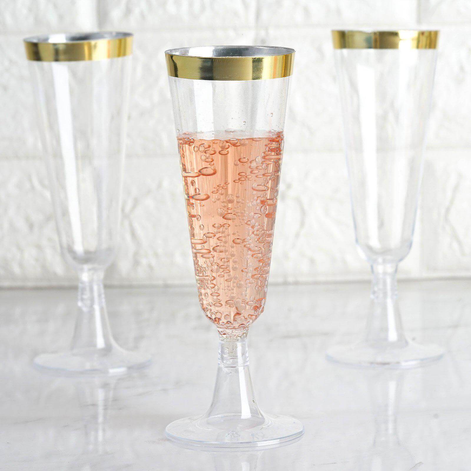 12-Pack Plastic Champagne Flutes Clear with Gold Rim - Stylish Disposable Cocktail Glasses for Parties 5oz 6