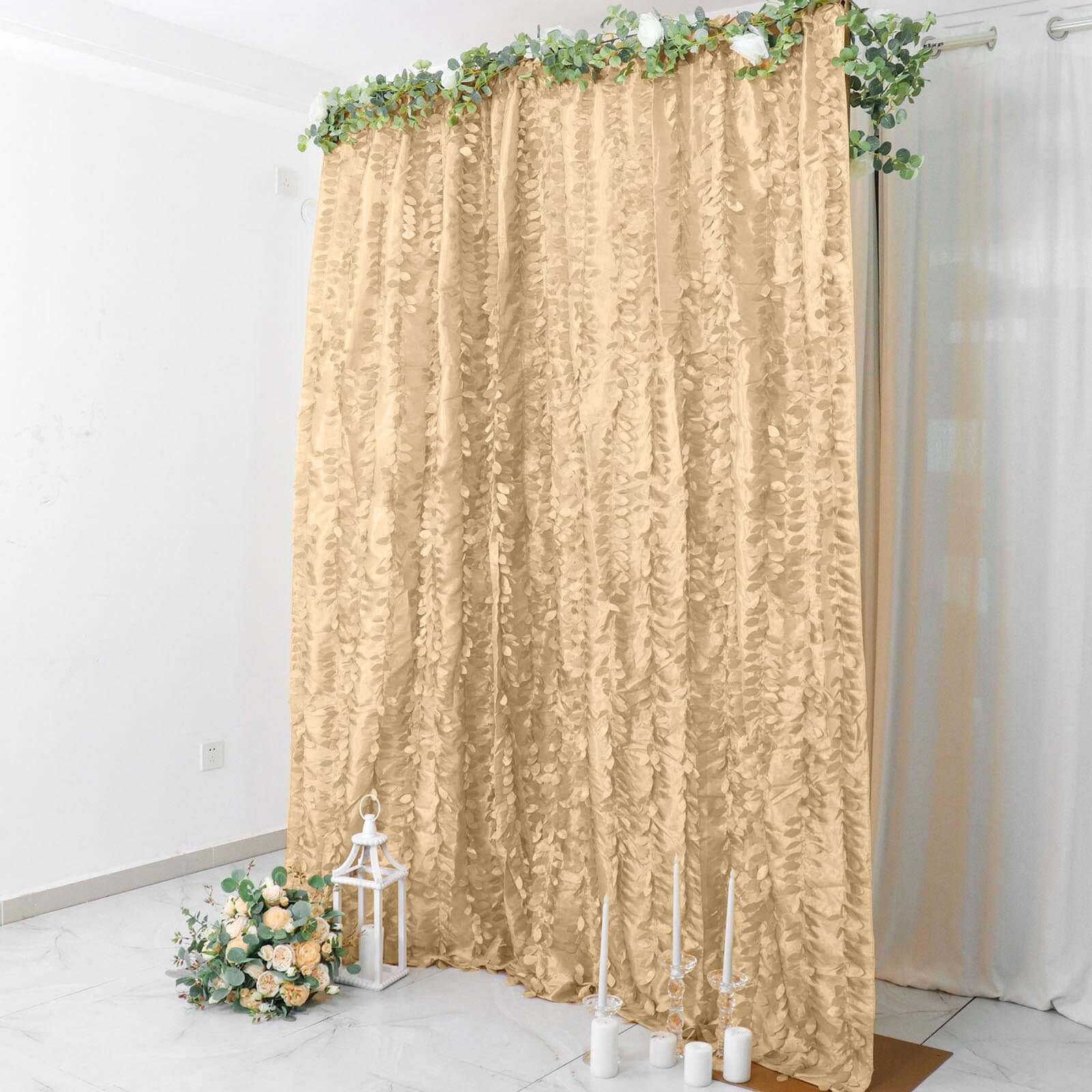 8ftx8ft Champagne 3D Leaf Petal Taffeta Event Curtain Drapes, Backdrop Event Panel With Rod Pocket