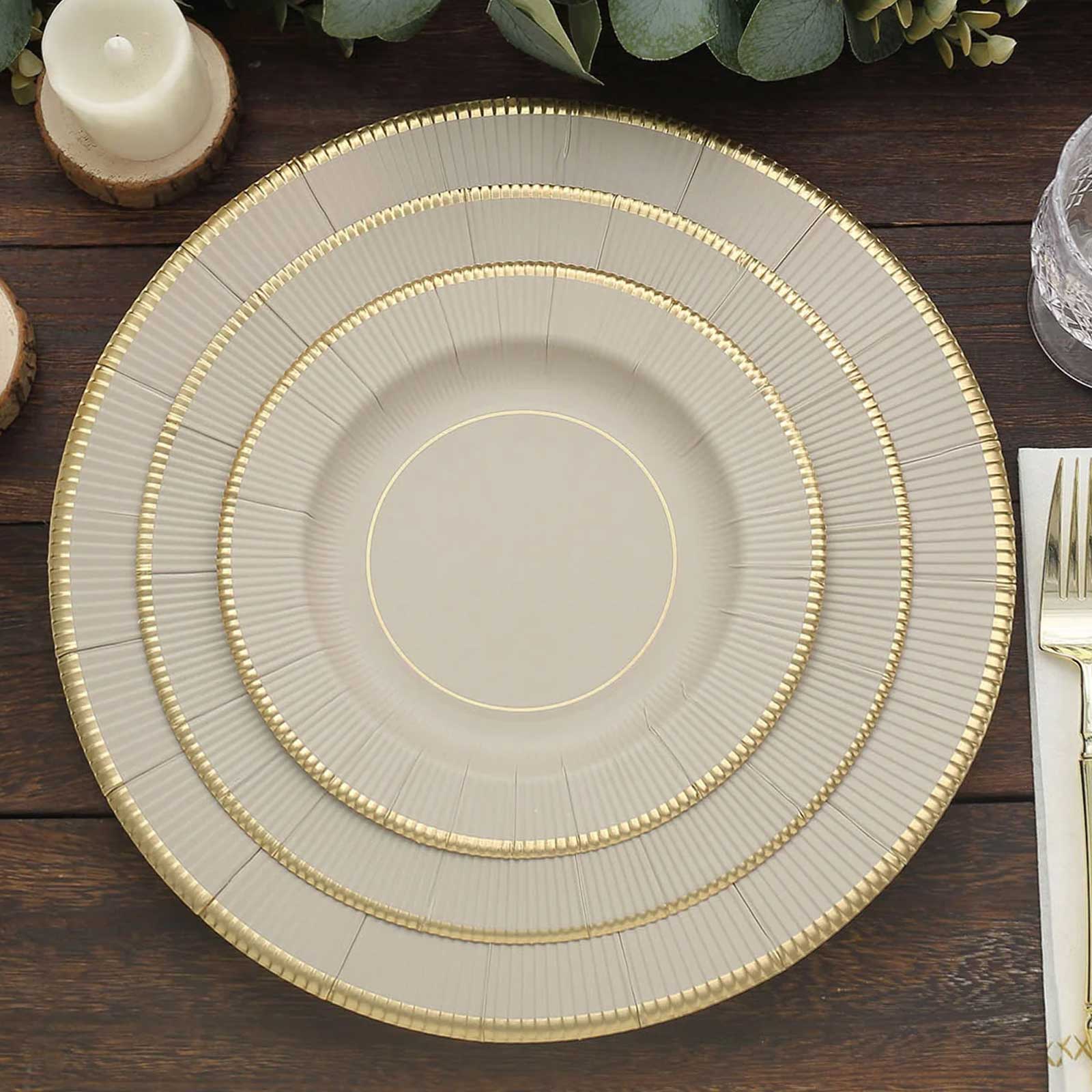 25-Pack Paper 8 Round Dessert Plates in Taupe Sunray Design with Gold Rim - Disposable Heavy Duty 350GSM Appetizer Salad Plates