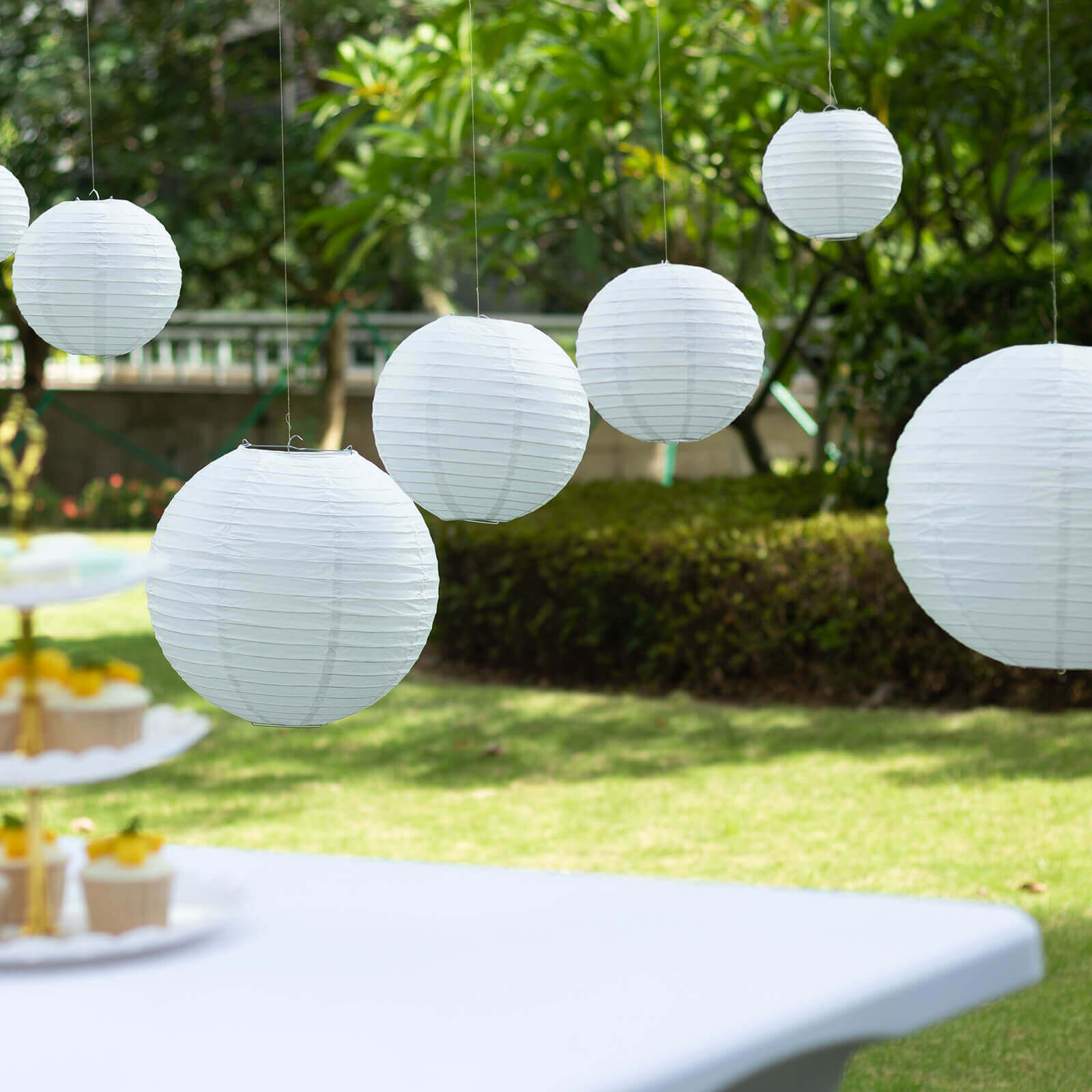 Set of 8 White Hanging Paper Lanterns, Decorative Round Chinese Sky Lanterns, Assorted Sizes  - 6,8,10,14