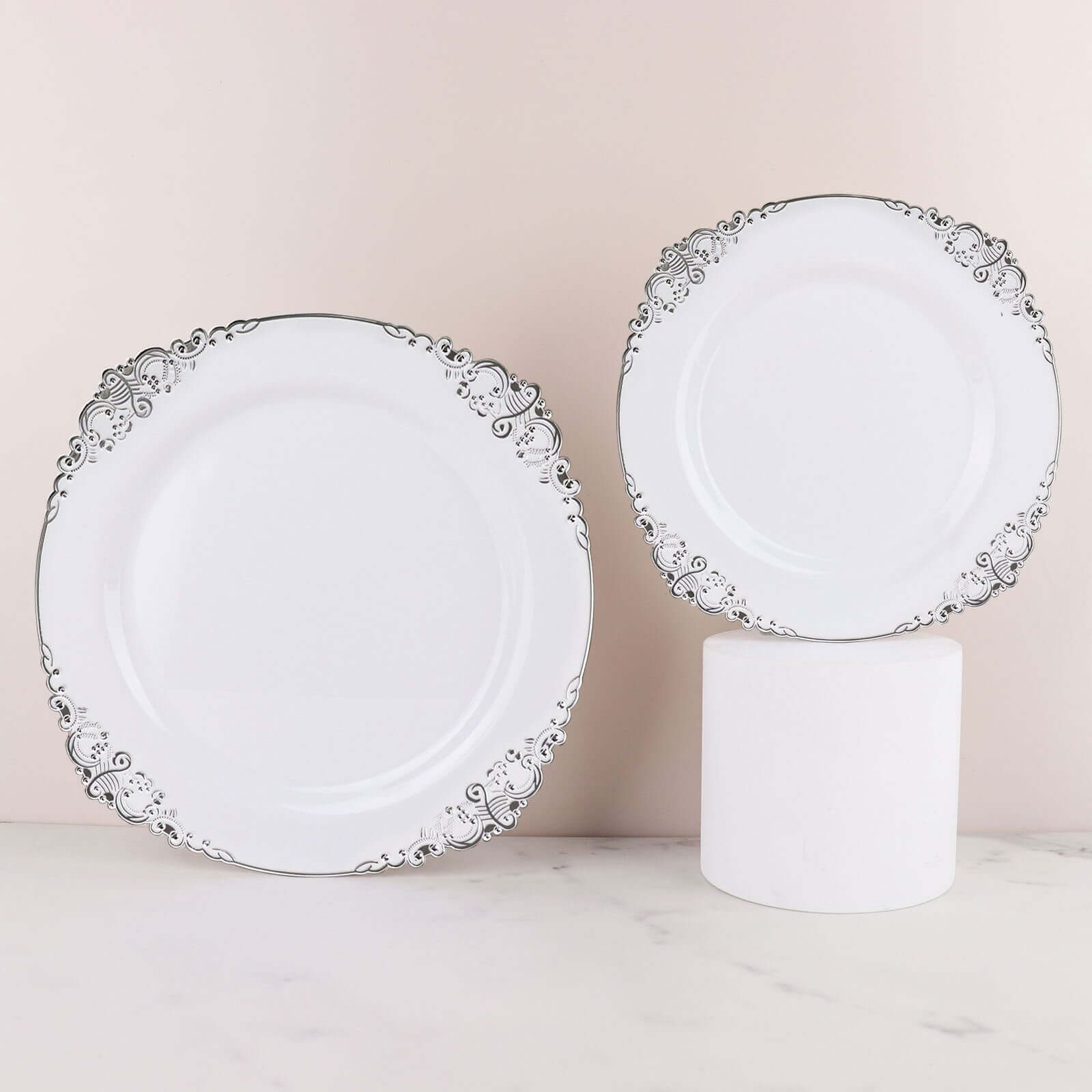 10-Pack Plastic 10 Round Dinner Plates in White with Silver Leaf Embossed Rim - Disposable Vintage Baroque Style Plates