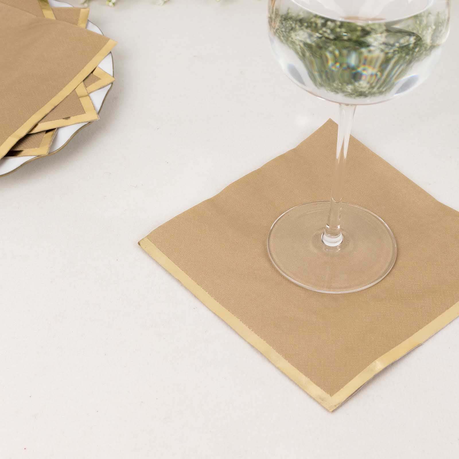 50-Pack Paper Beverage Napkins with Gold Foil Edge Natural - Disposable 2 Ply Cocktail Napkins for Events 6.5x6.5