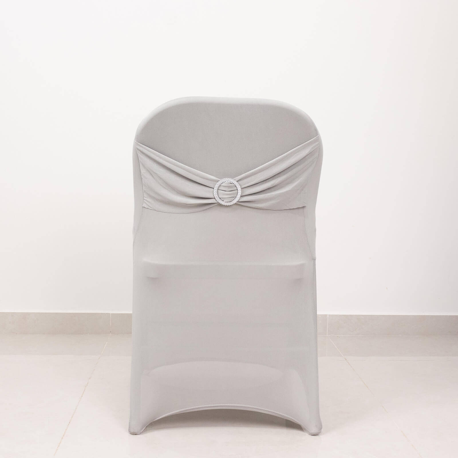 Stretch Spandex Chair Cover Silver for Folding Chairs - Secure Fit Slipcover with Silver Rhinestone Buckled Sash Band