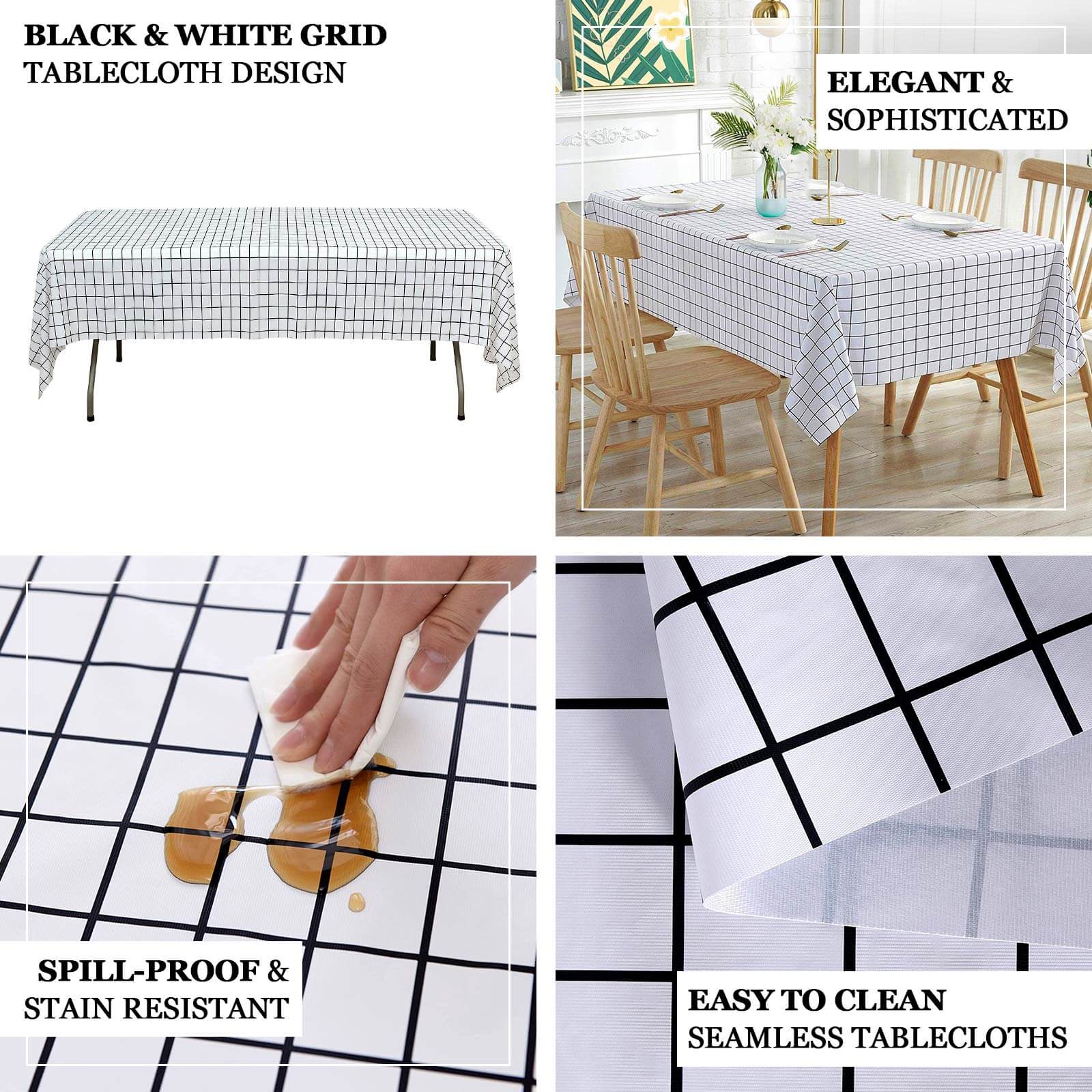 5-Pack Plastic Table Covers Black/White Grid Rectangle - Durable Checkered PVC Disposable Tablecloths 54x108