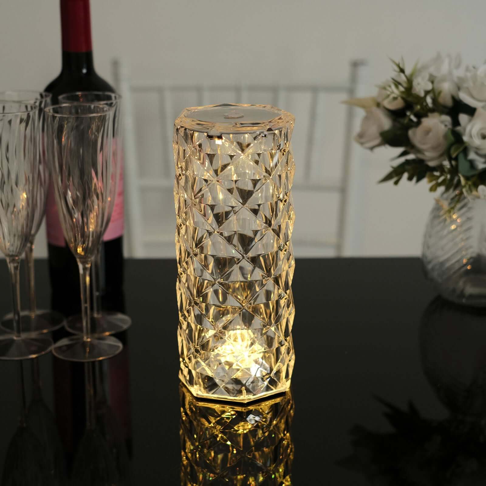 Acrylic LED Pillar Lamp Rose Diamond Design Color Changing - Touch + Remote Operated Table Light 3.5x8.5