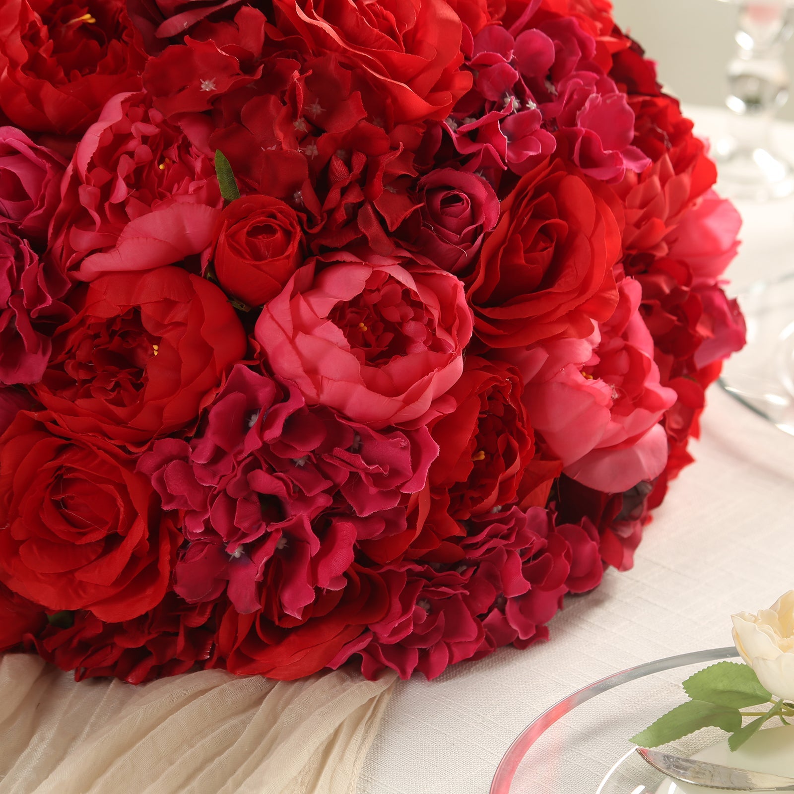 Pre-Arranged Silk Rose Bouquet Floral Arrangement Table Decor, Large Red Artificial Rose Flower Balls Wedding Centerpieces - 20