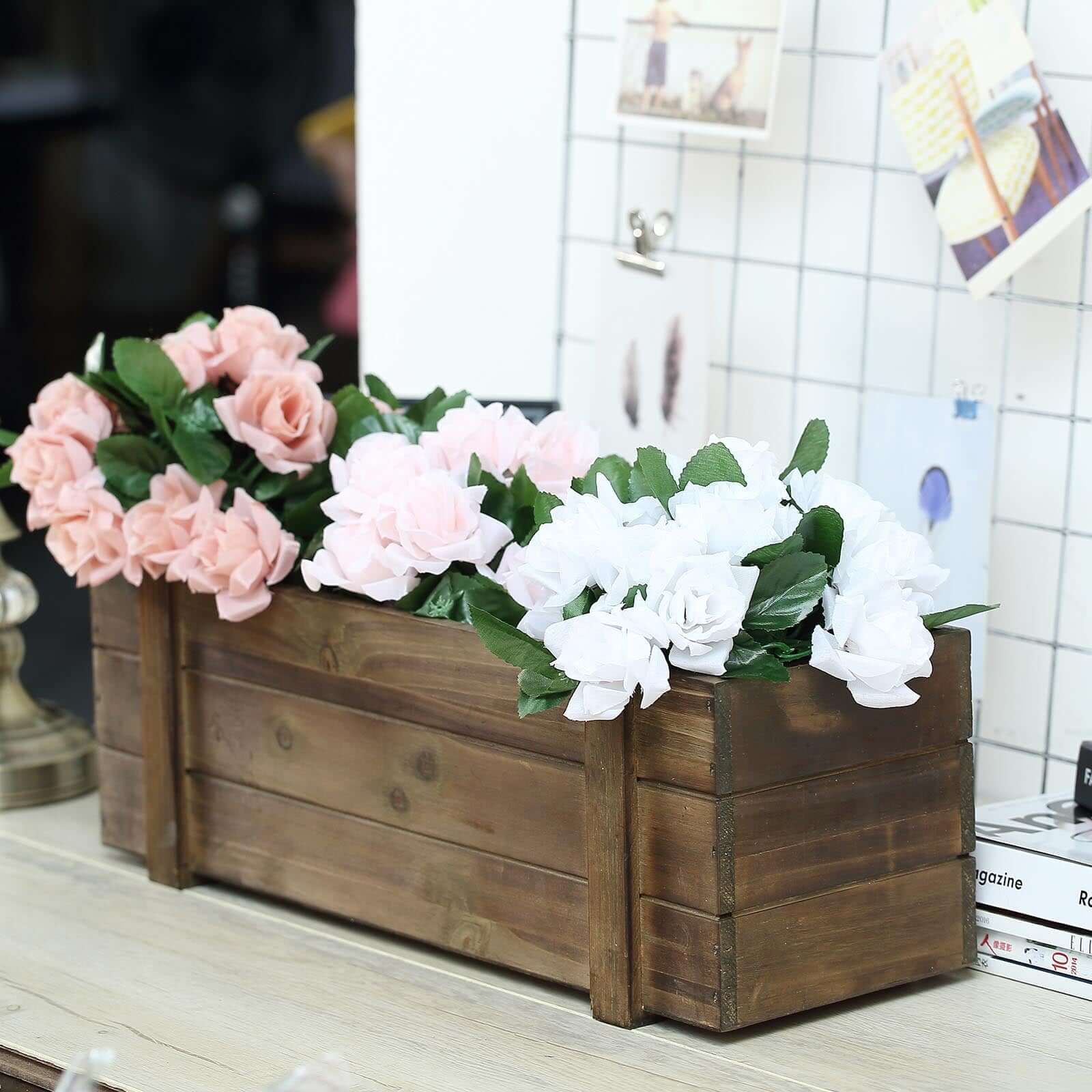 Rustic Wood Planter Box Smoked Brown - Perfect Natural Decor with Removable Plastic Liner for Table Displays 18x6