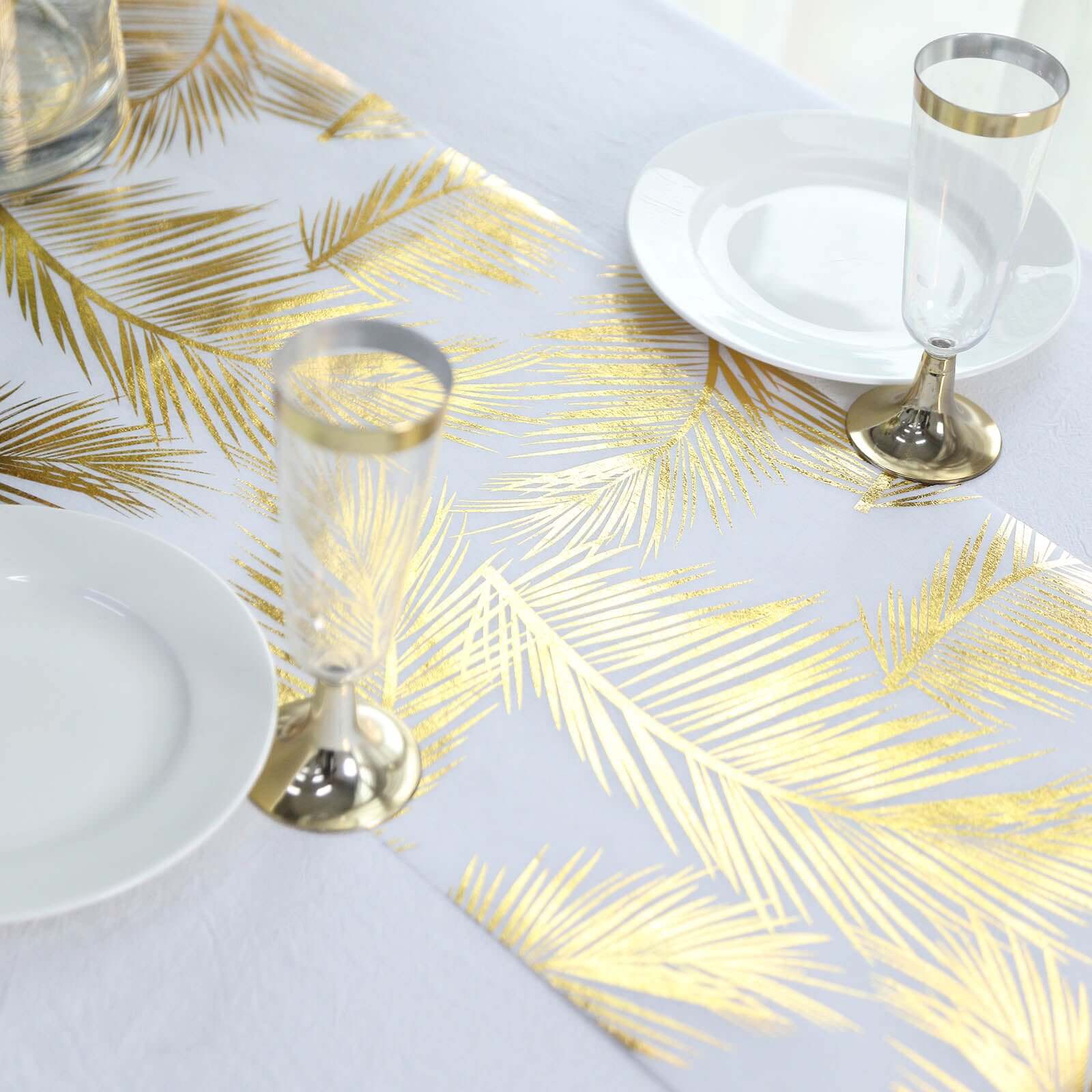 Disposable Table Runner Roll 108 Metallic Gold Foil Palm Leaves Print - Chic Non-Woven Tropical Table Decor for Events