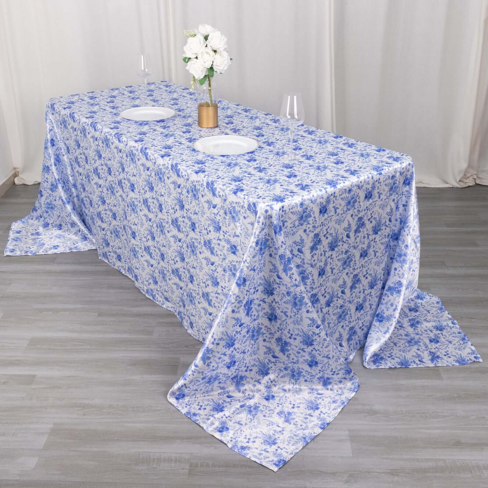 Satin Round 90x132 Tablecloth White/Blue French Toile Design - Seamless Stylish & Wrinkle-Resistant Table Cover