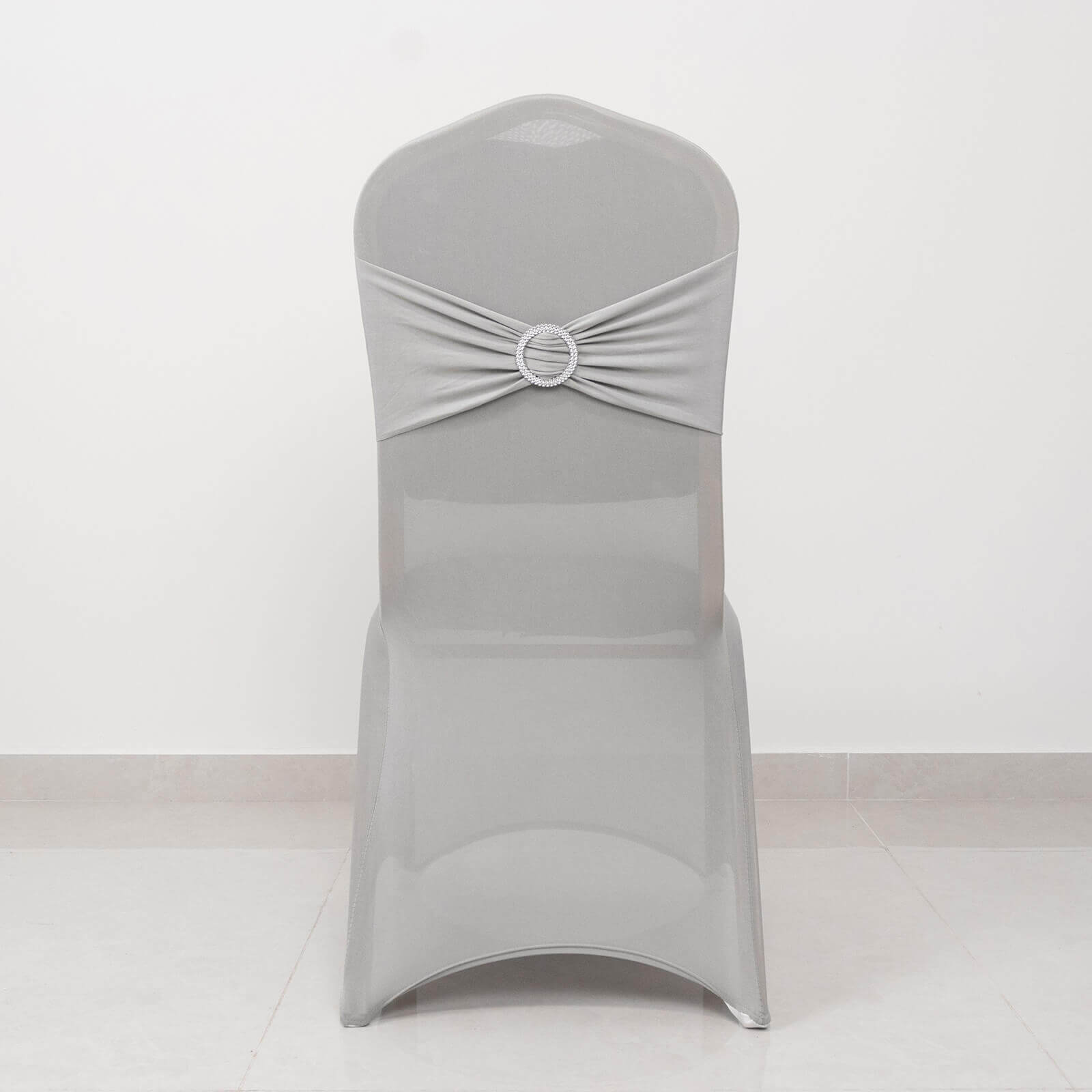 Spandex Chair Cover with Silver Rhinestone Buckled Sash Band Blush - Stretch Fitted Slipcover