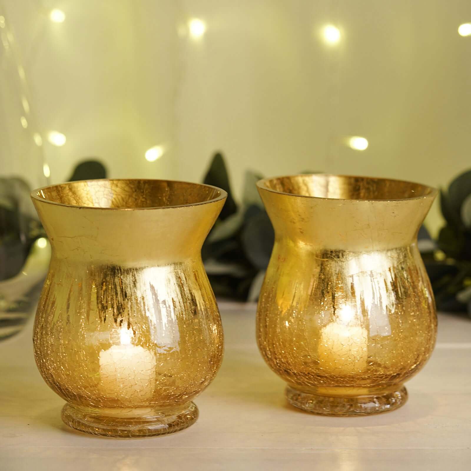 2-Pack Glass Hurricane Vases Bell Shaped Crackle Gold Curvy Design - Decorative Candle Holder Centerpieces 6