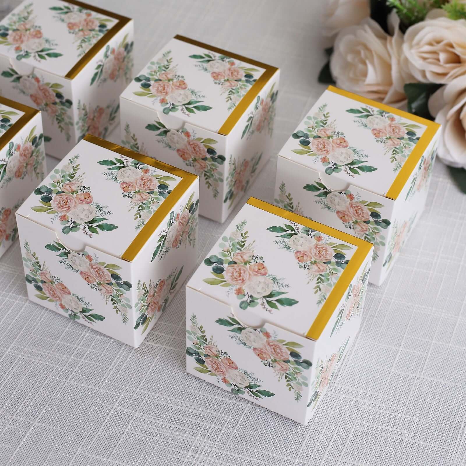 25 Pack White Pink Peony Flowers Print Paper Favor Boxes with Gold Edge, Cardstock Party Shower Candy Gift Boxes - 3x3x3