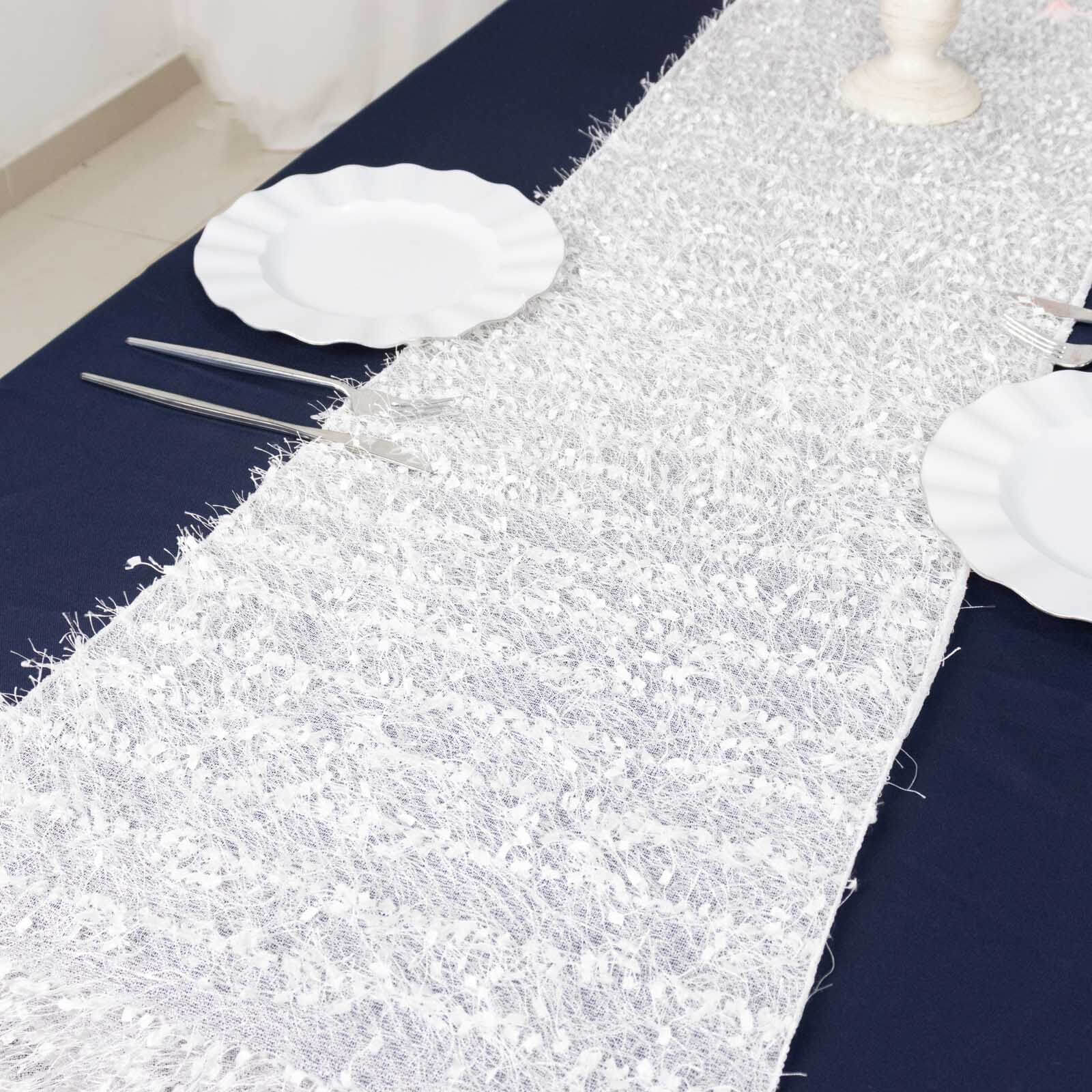 Polyester 12x108 Table Runner White - Fringe Shag Table Decor